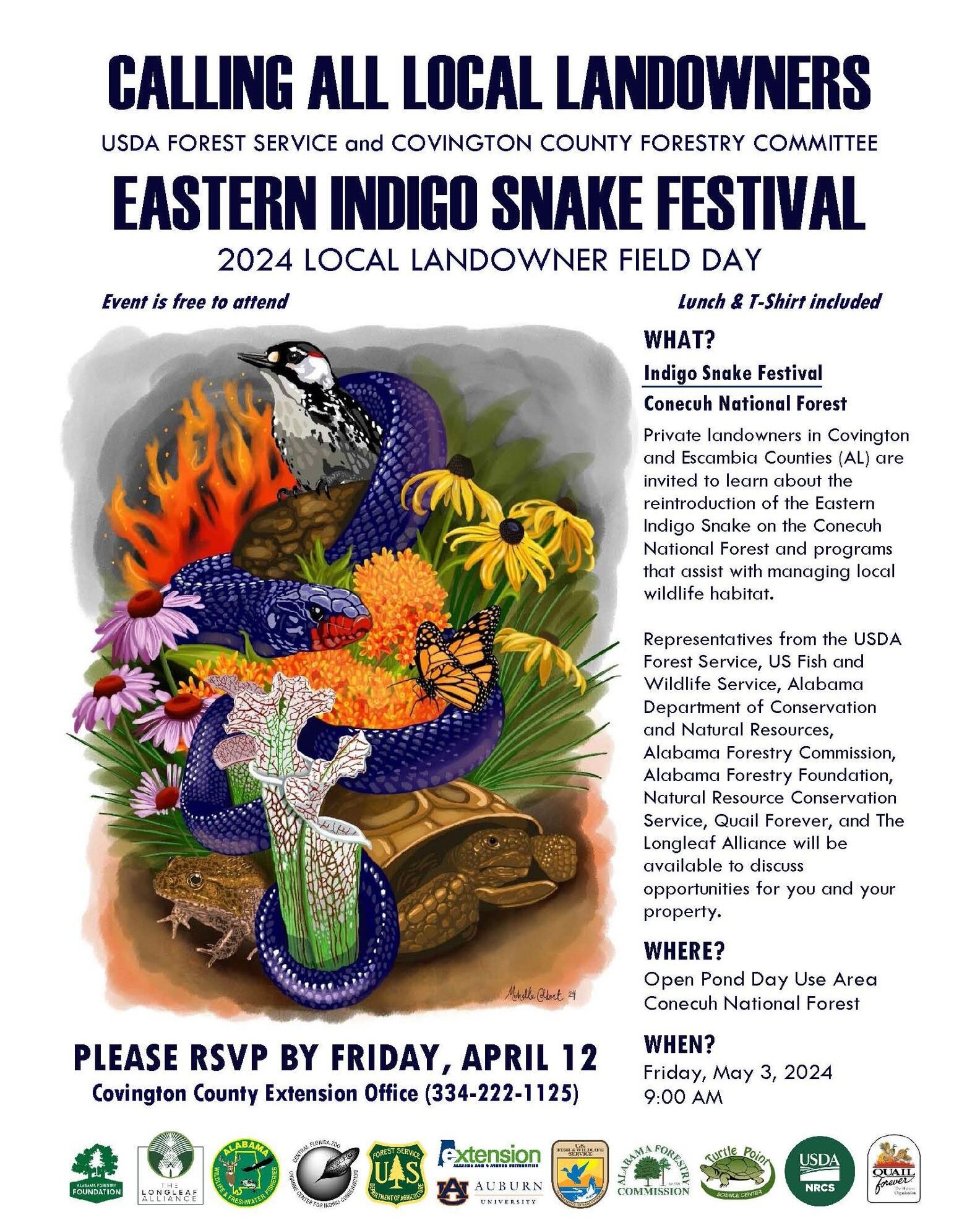 Eastern Indigo Snake Festival is coming up May 3, 2024. This event is free, but please RSVP by April 12th to reserve your spot.