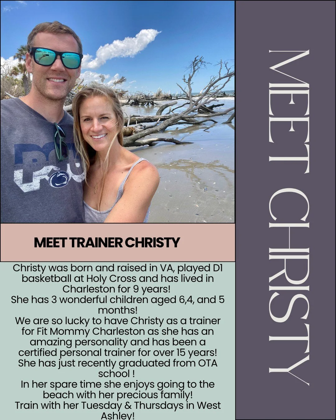 We’re so happy to welcome Christy to the Fit Mommy Charleston team! Christy started with us a couple of weeks ago— make sure to join one of her classes in West Ashley on Tuesdays and Thursdays! A Virginia native and former D1 basketball p
