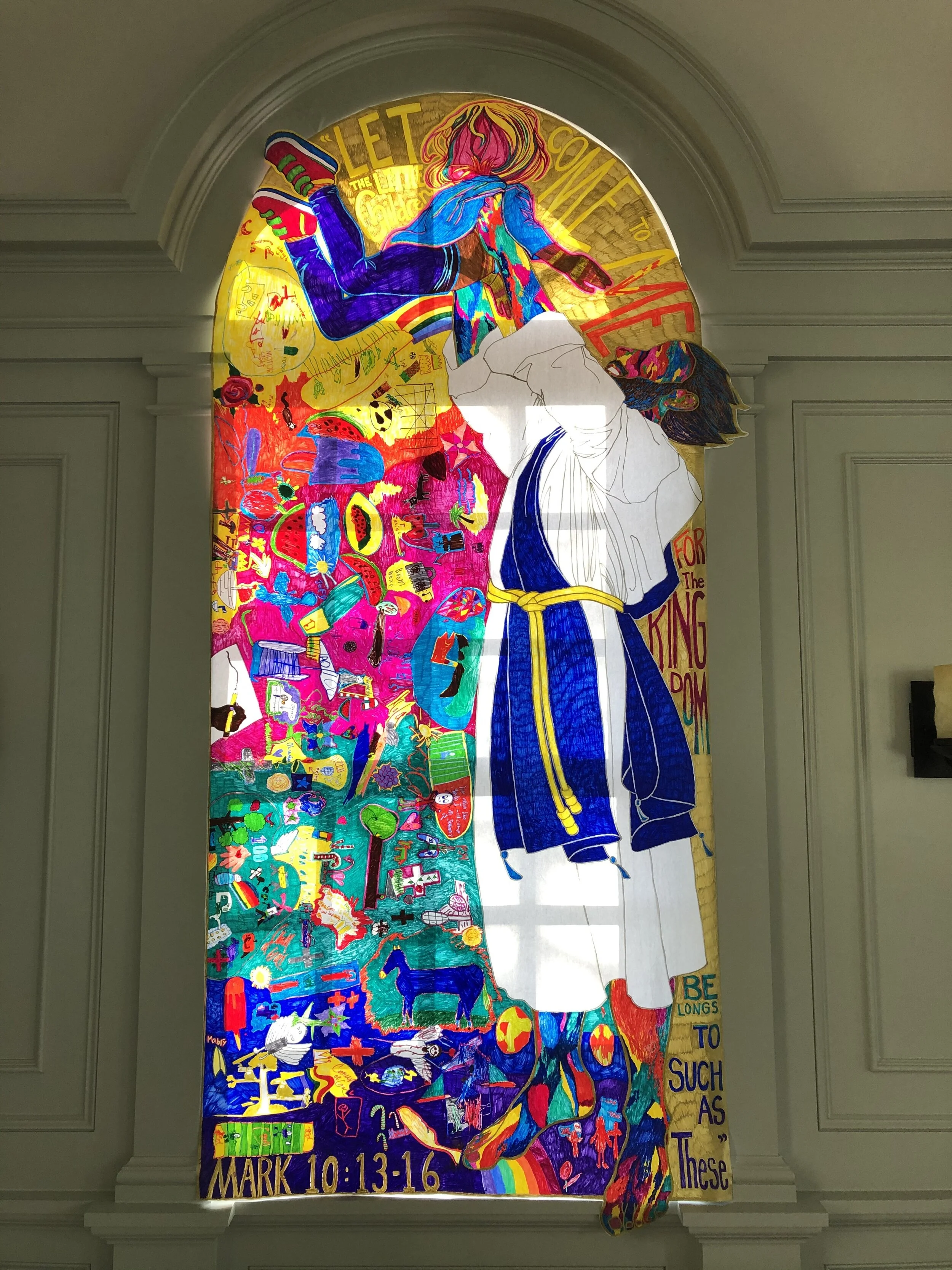 Jesus Welcomes Little Children, 2019,
Sharpie on paper, 72"x42",
Kate Norris & the families from The Church of the Holy Cross