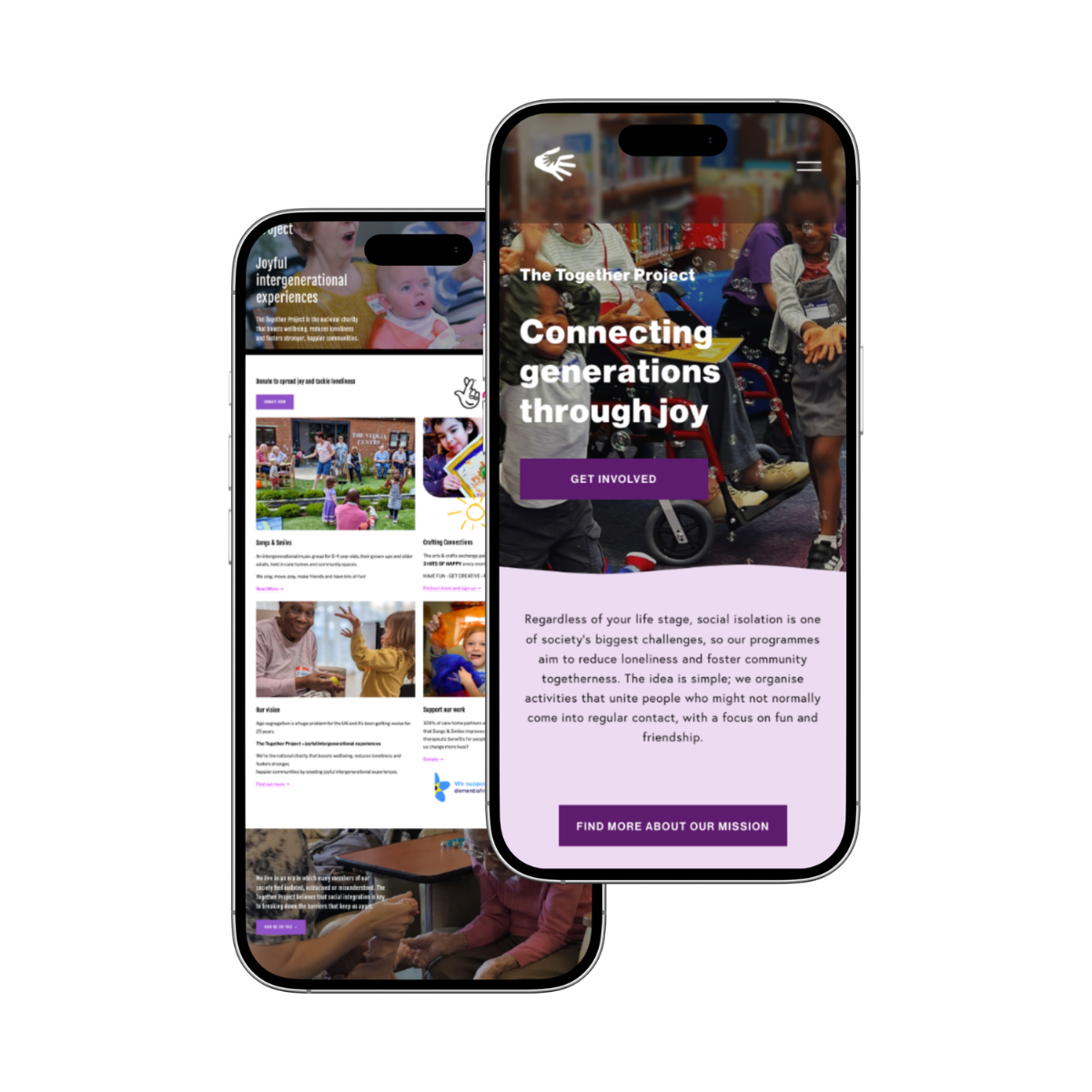 Mobile mockups of a website before redesign and after redesign
