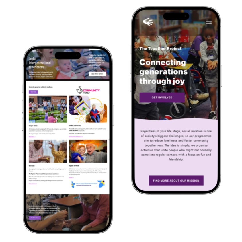 Two smartphones displaying the homepages, featuring the before and after of the redesign of a client website.