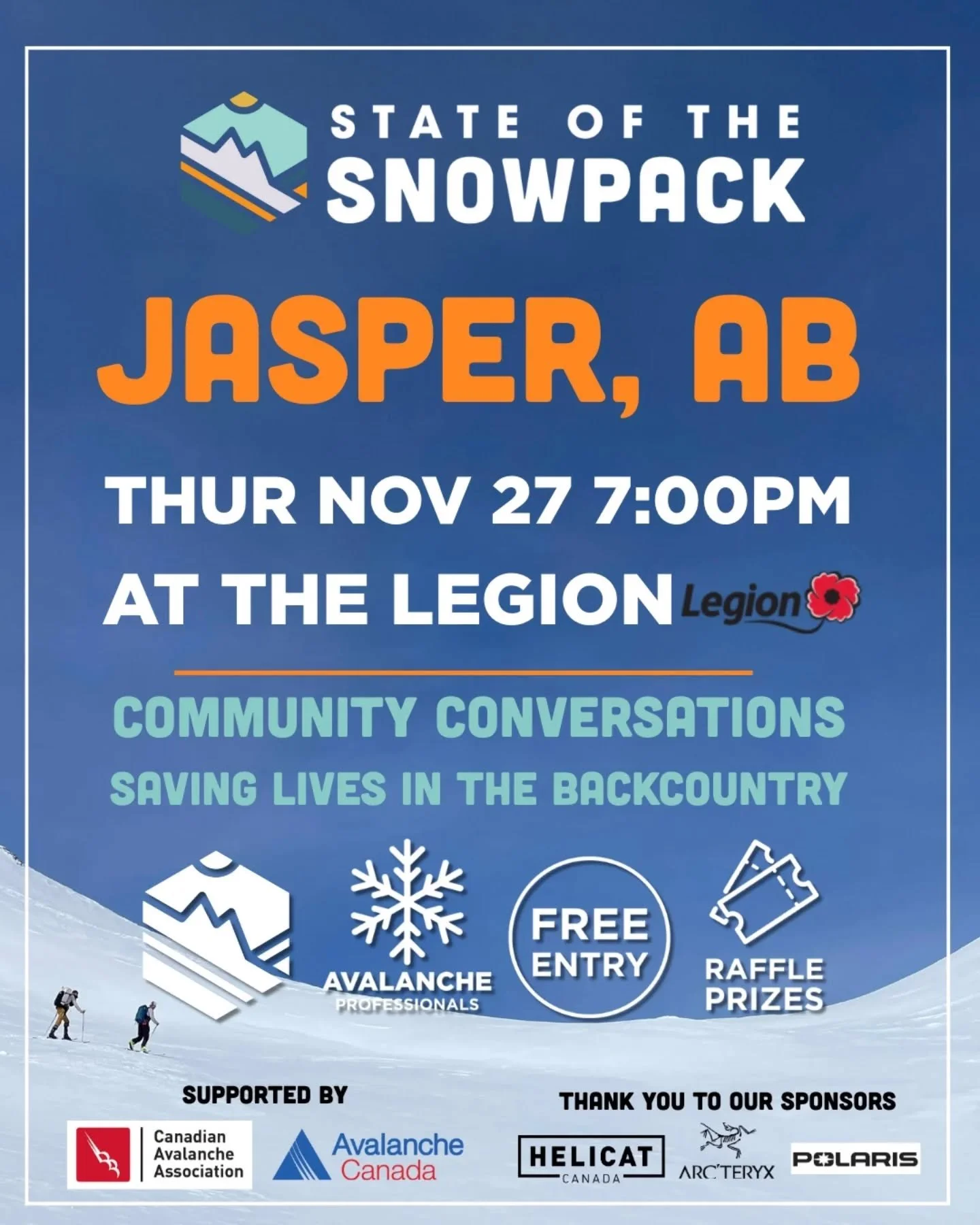 Jasper kicks off the SOTS season! 
Join us for the first State of the Snowpack event of 2025/26 as we bring the community together for an evening of local insights, avalanche awareness, and backcountry connection.

Snowpack Update Presenters:
 &bull;