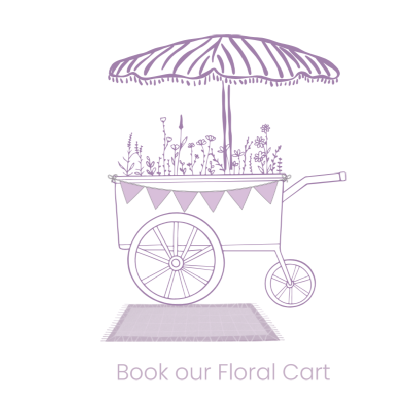 Book our Floral Cart | image of a Floral Cart with flowers on top, a triangle pendant banner stretching across the front, a fringe umbrella overhead, and a rug on the floor next to the wheels. 