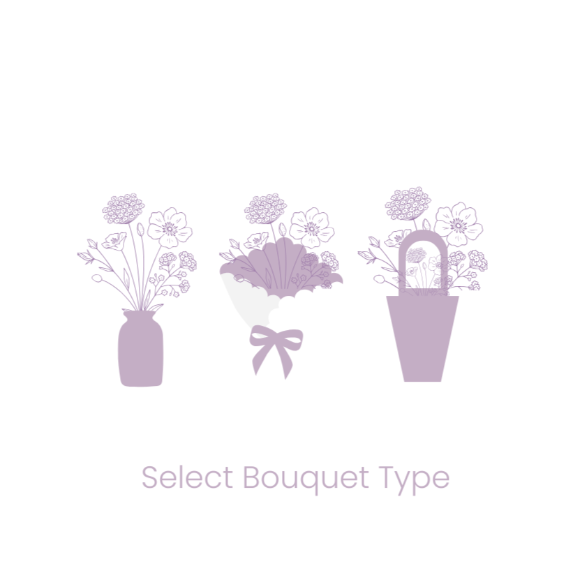 Select Bouquet Type | Icons with three bouquet options: vase, pre-wrapped, or diy created
