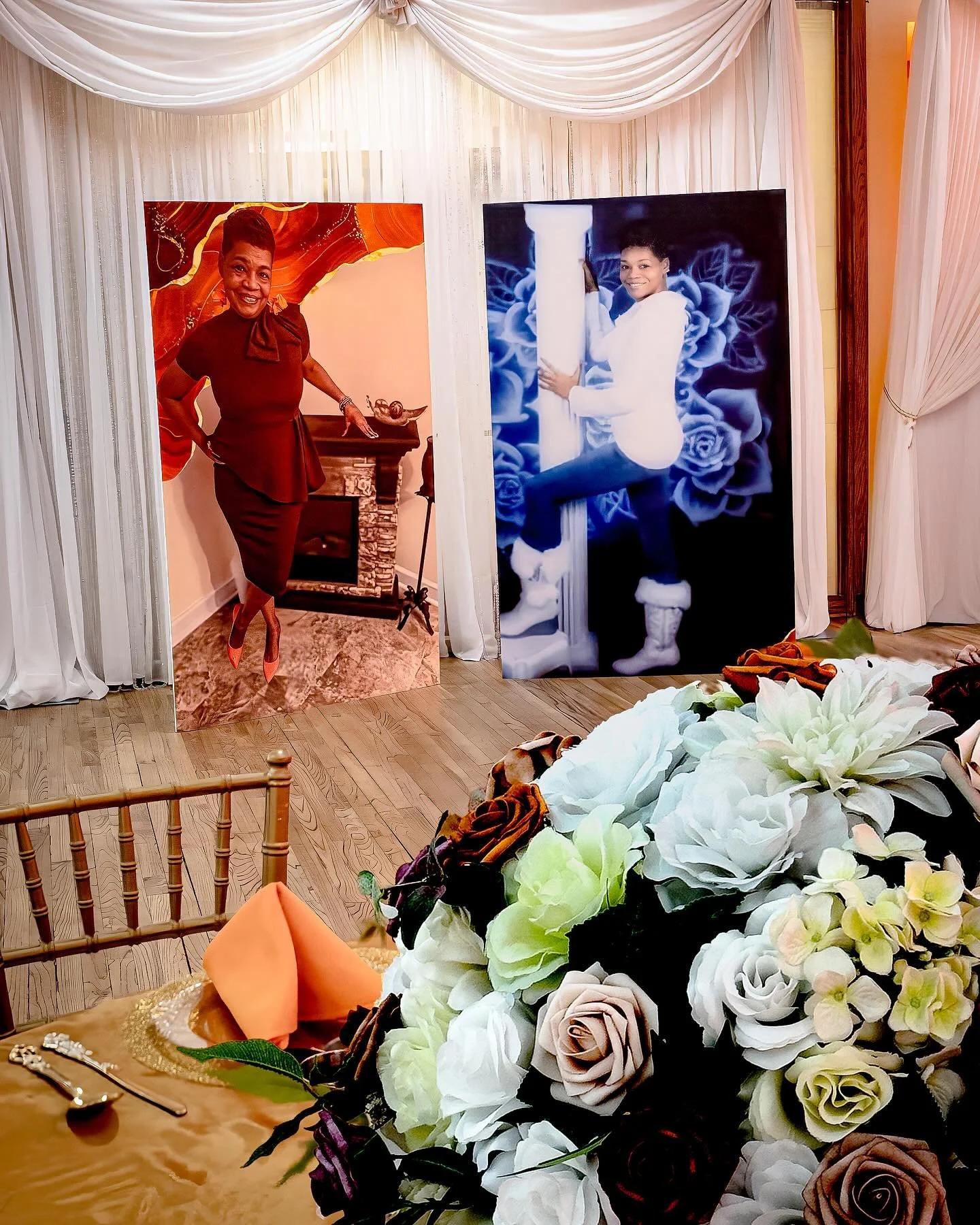 Cherry Hill Ballroom at Cherry Hill Park 
The warmth is real at this retirement party on a cold winter&rsquo;s afternoon. The lighting and drapings glow with shades of amber and marigold, while the satin tablecloths reflect a saffron gold warmth. Eve