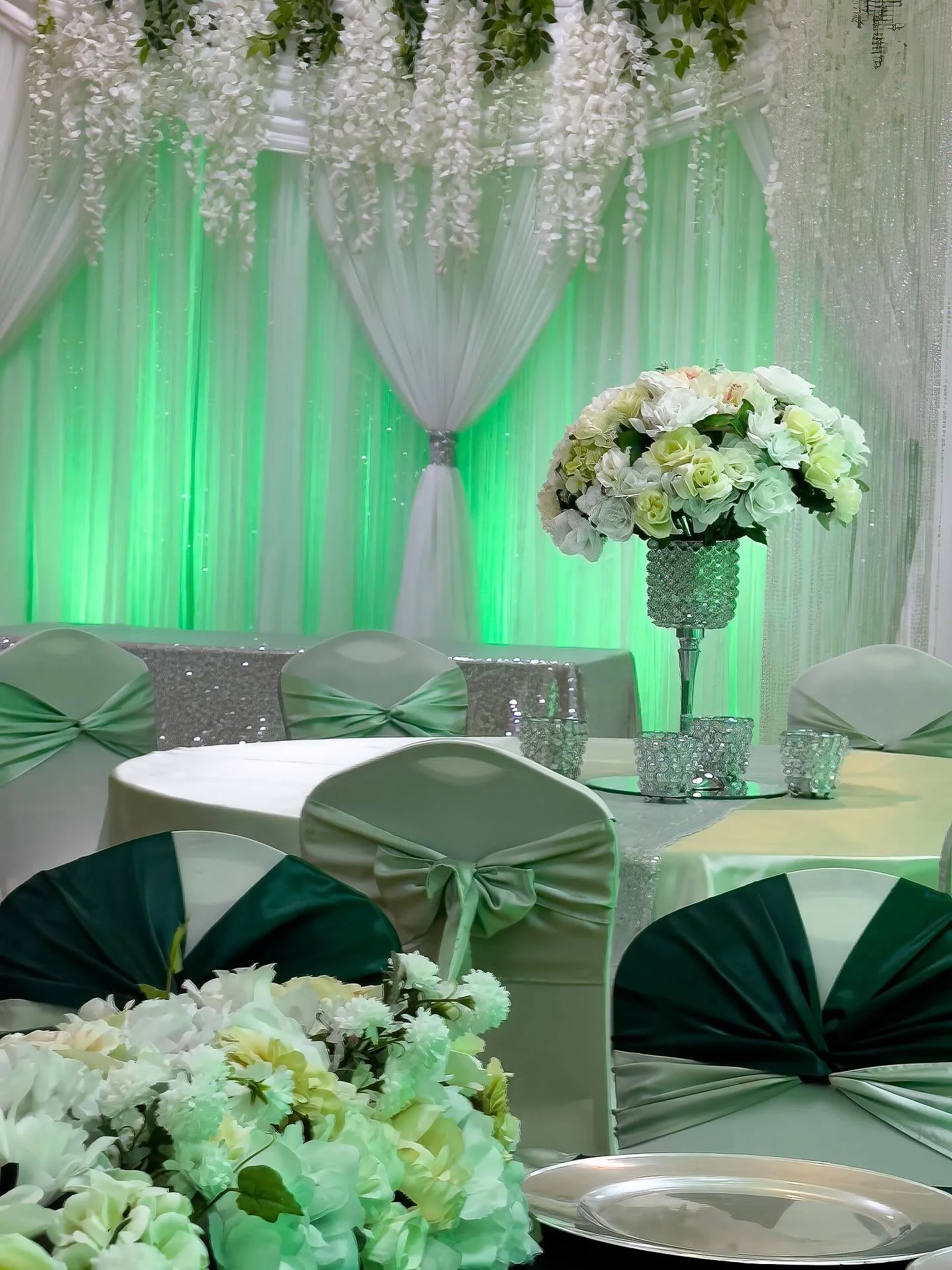75th Birthday August 10,2025.&nbsp;&nbsp;The ballroom has been decorated with shades of green from deep glowing forest green to a light sage for this elegant birthday party.#cherryhillpark #marylandweddingvenue #dmvweddings #backyardwedding #uniquewe