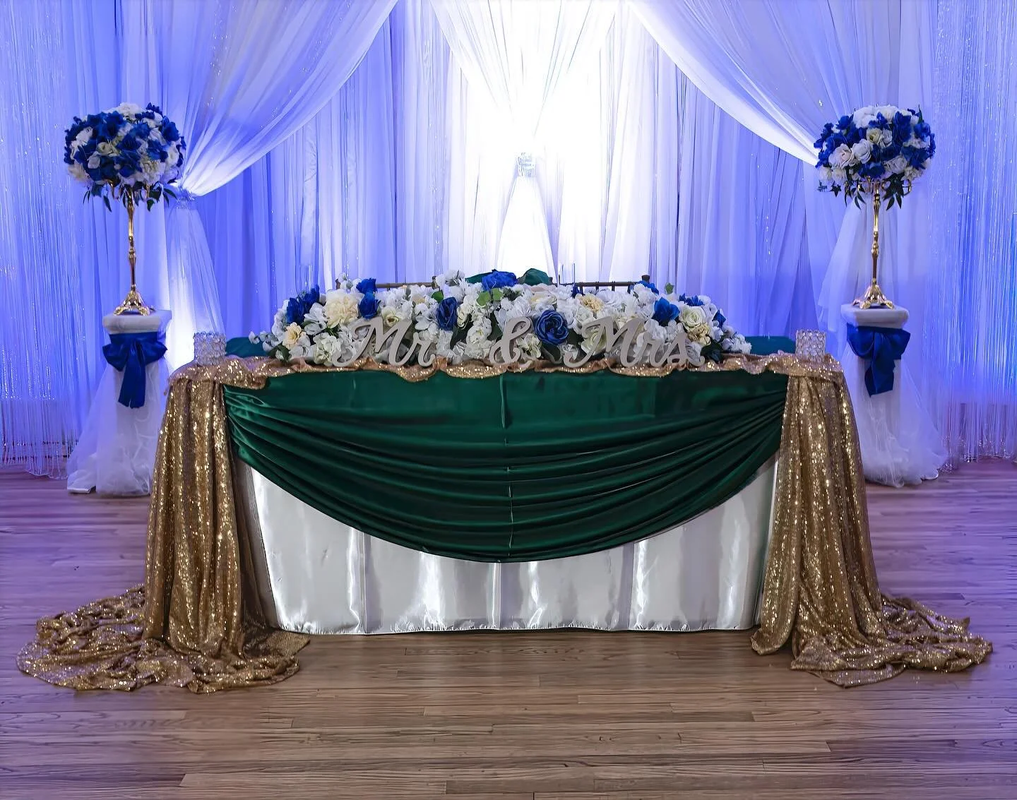 Gold and emerald with royal blue hues #cherryhillpark #marylandweddingvenue #marylandbride #backyardwedding #collegeparkweddings #laurelweddings #montgomerycountyweddings #dcweddingvenue #ballroom