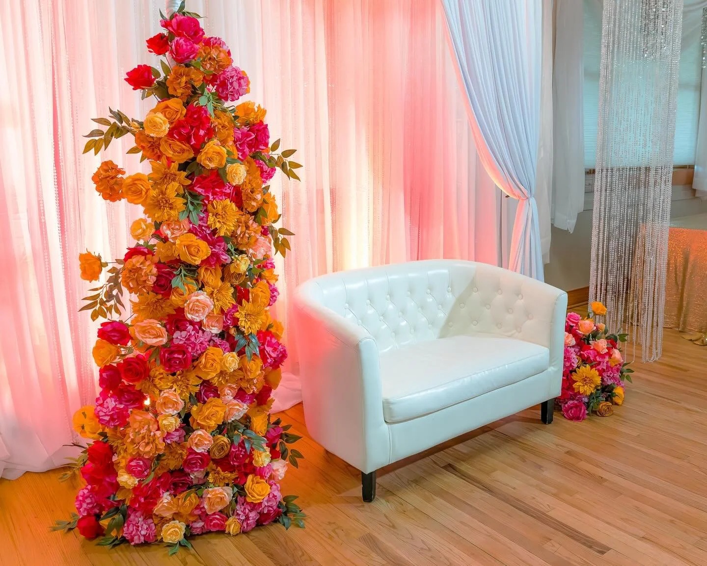 Bright colors including this flower tree create a joyous atmosphere for a summer wedding in our perfectly air conditioned Ballroom #cherryhillpark #marylandweddingvenue #dmvweddingvenue #marylandbride #campgroundwedding #backyardwedding #ballroom