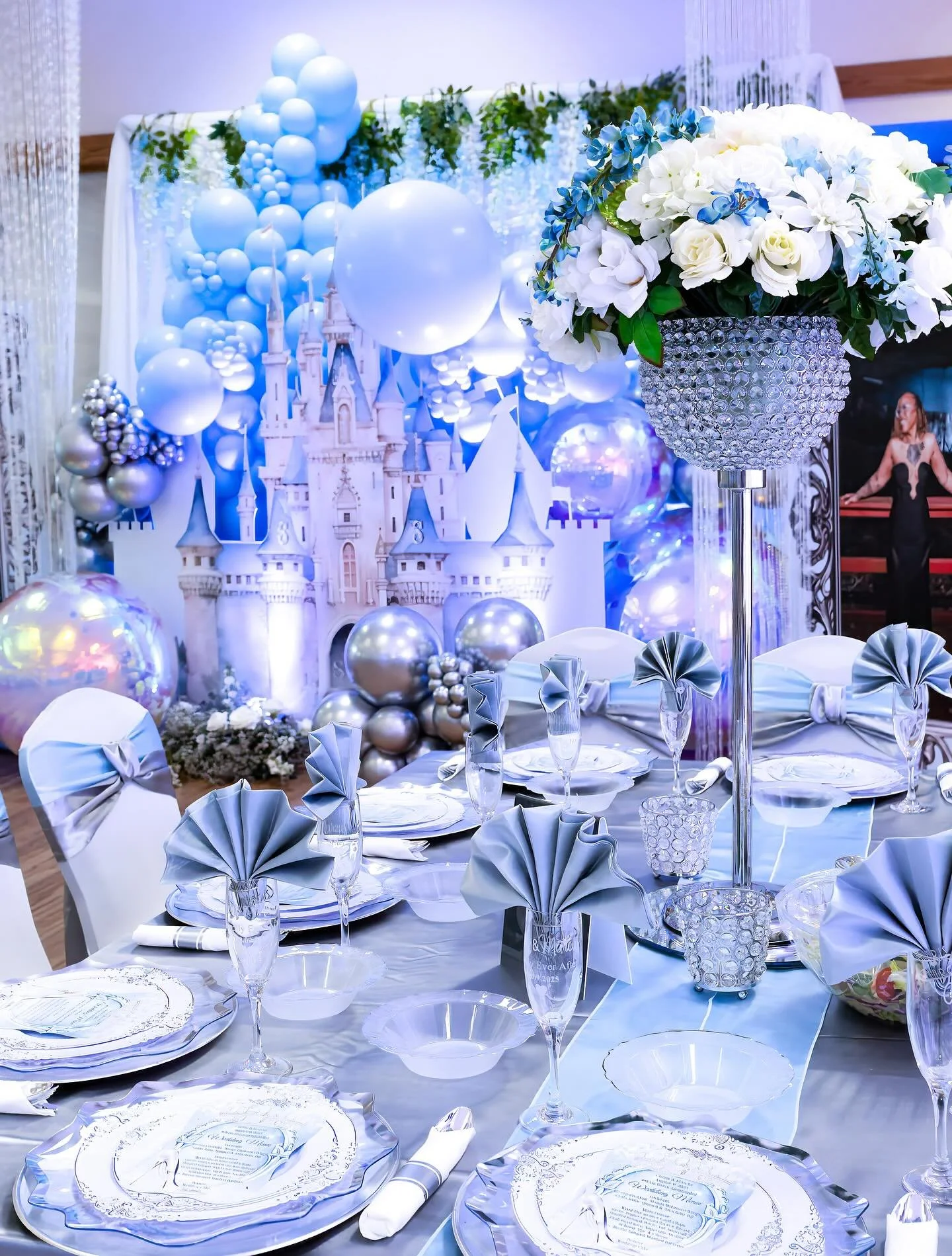 Soft blues and princess castle turn the Cherryhillballroom into a stunning fantasy land #dmvweddingvenue #dmvwedding #marylandbride #marylandweddingvenue #backyardwedding #quincea&ntilde;era #cherryhillpark #cherryhillballroom