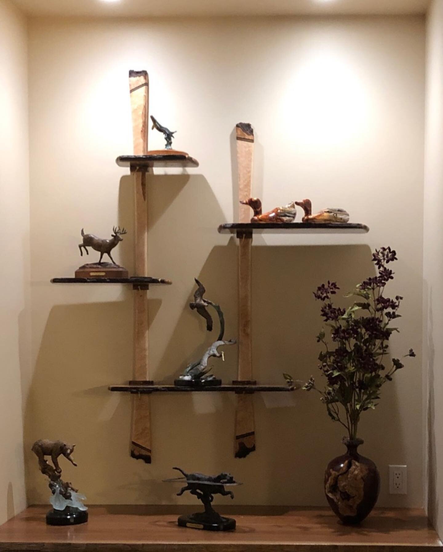 Had a great time making this custom piece! ::::: Birdseye maple stems with walnut shelves made for bronze animal sculptures living in Crown Point, Indiana ::::: #custommade #customehome #oneofakind #art #wood #woodworking #shelving #display #design #