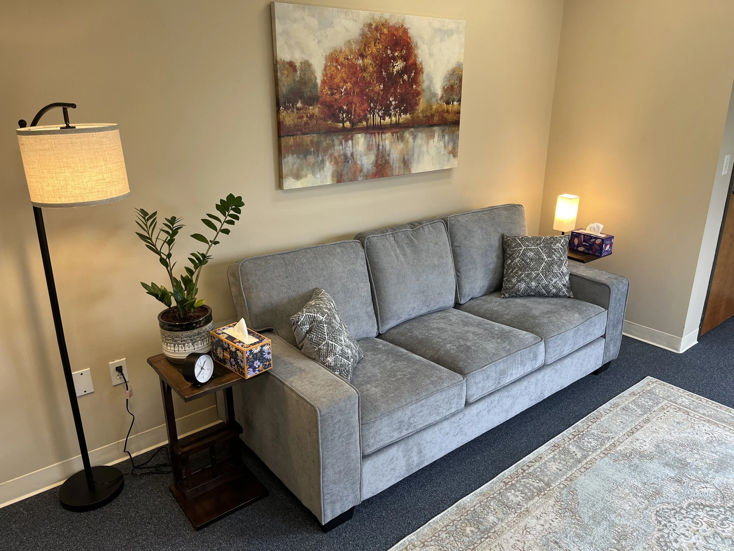 Therapy office in Vancouver, WA with seating for individual and couples sessions.