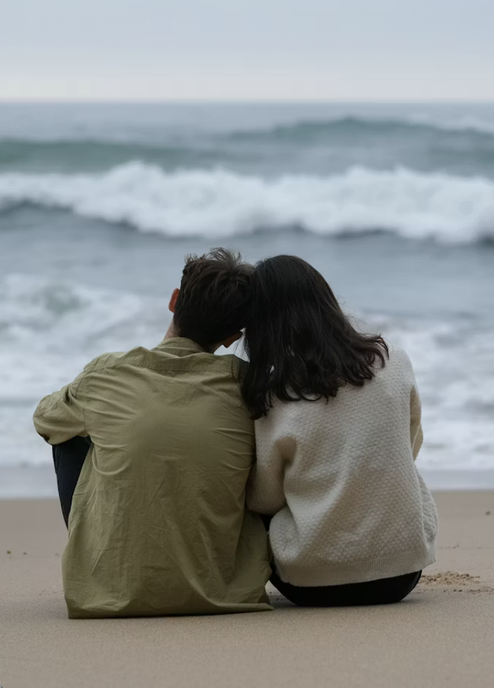 A couple sitting close together on the sand at the beach, facing the ocean.