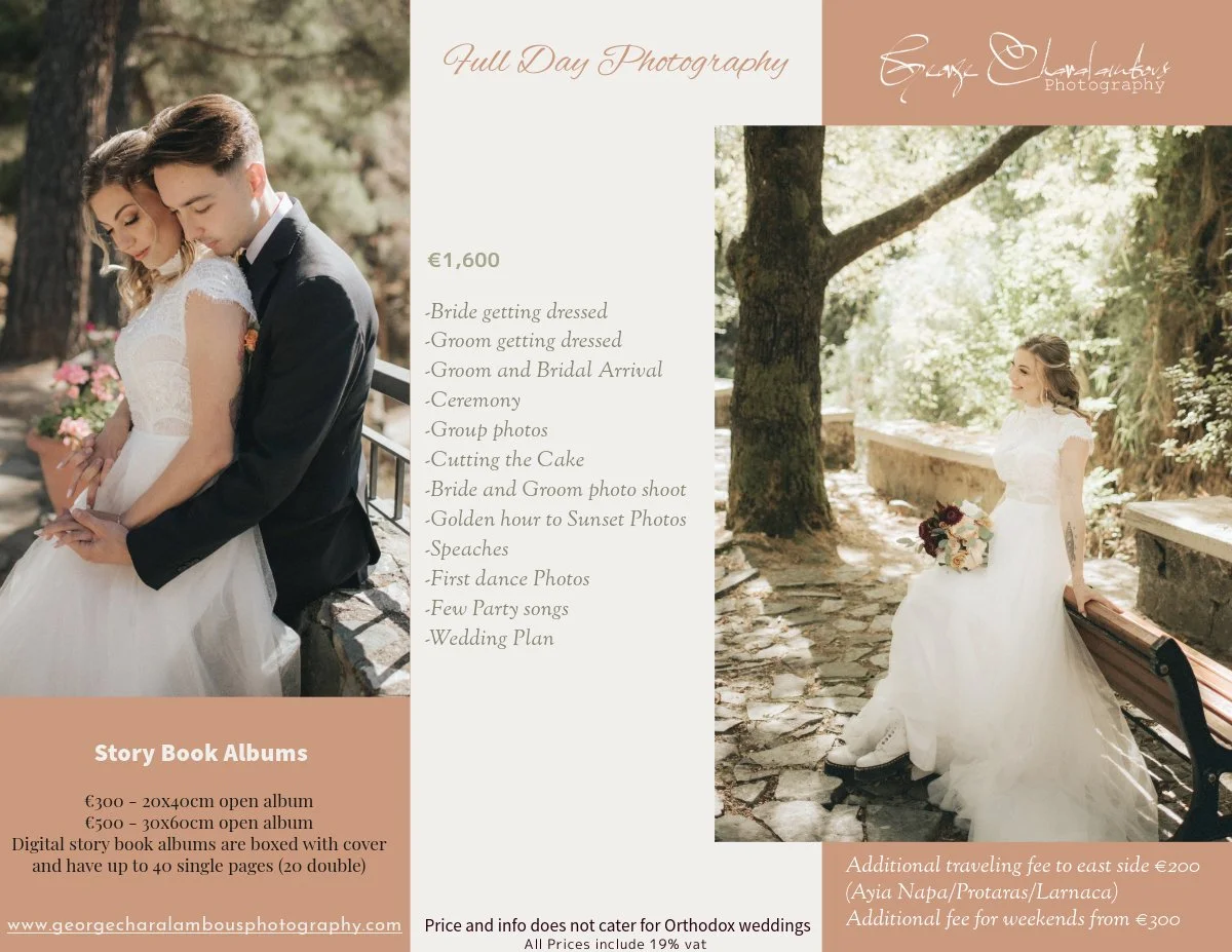 Wedding photography brochure with package details, pricing, and photos of a bride and groom. "Full Day Photography" package includes various wedding activities for €1,600. Additional information on storybook albums and extra travel fees is provided.