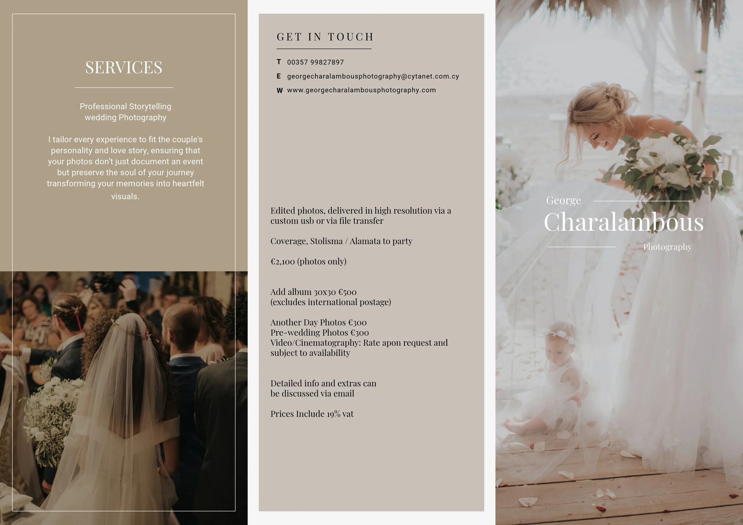 A tri-fold brochure for George Charalambous Photography features a wedding scene on the right side, with a bride holding a bouquet and a small child sitting under a white canopy. The left side highlights services, and the middle provides contact details.
