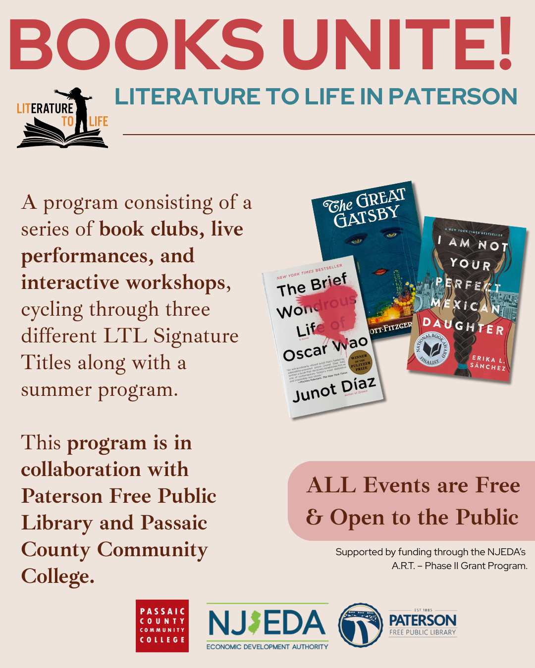 Literature to Life Presents Books Unite, New Series of Free Community Events in Paterson Supported by NJEDA A.R.T. Phase II Grant