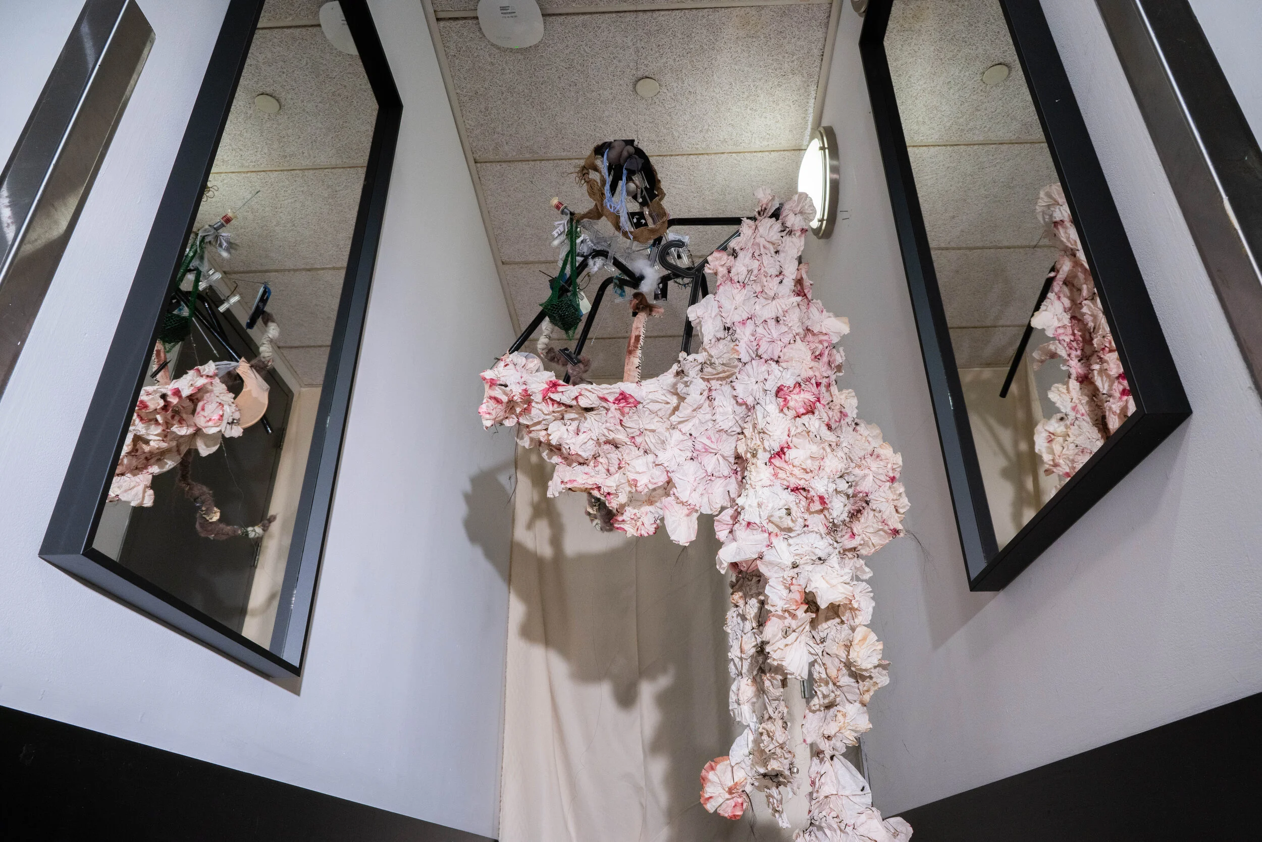 Fitting Room 
Coffee filters, Artificial hair, Ikea chairs, earring holders ,woods.wire,Mirror ... Trash  Mixed Media
2019-2020