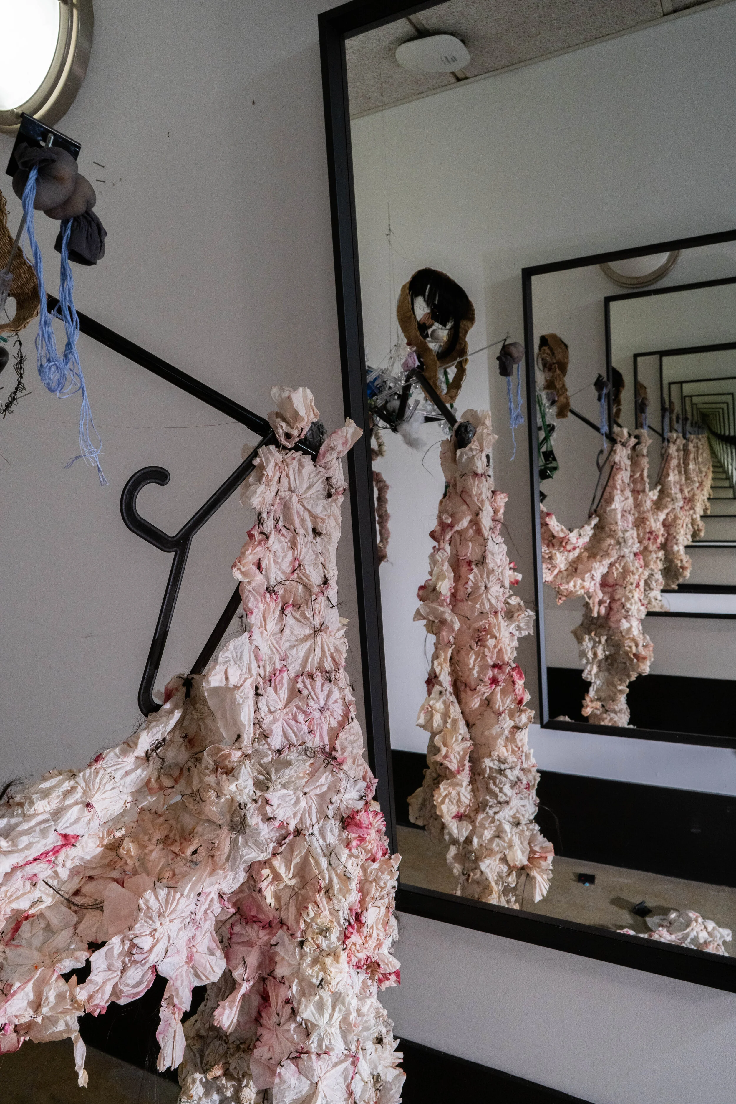 Fitting Room 
Coffee filters, Artificial hair, Ikea chairs, earring holders ,woods.wire,Mirror ... Trash  Mixed Media
2019-2020