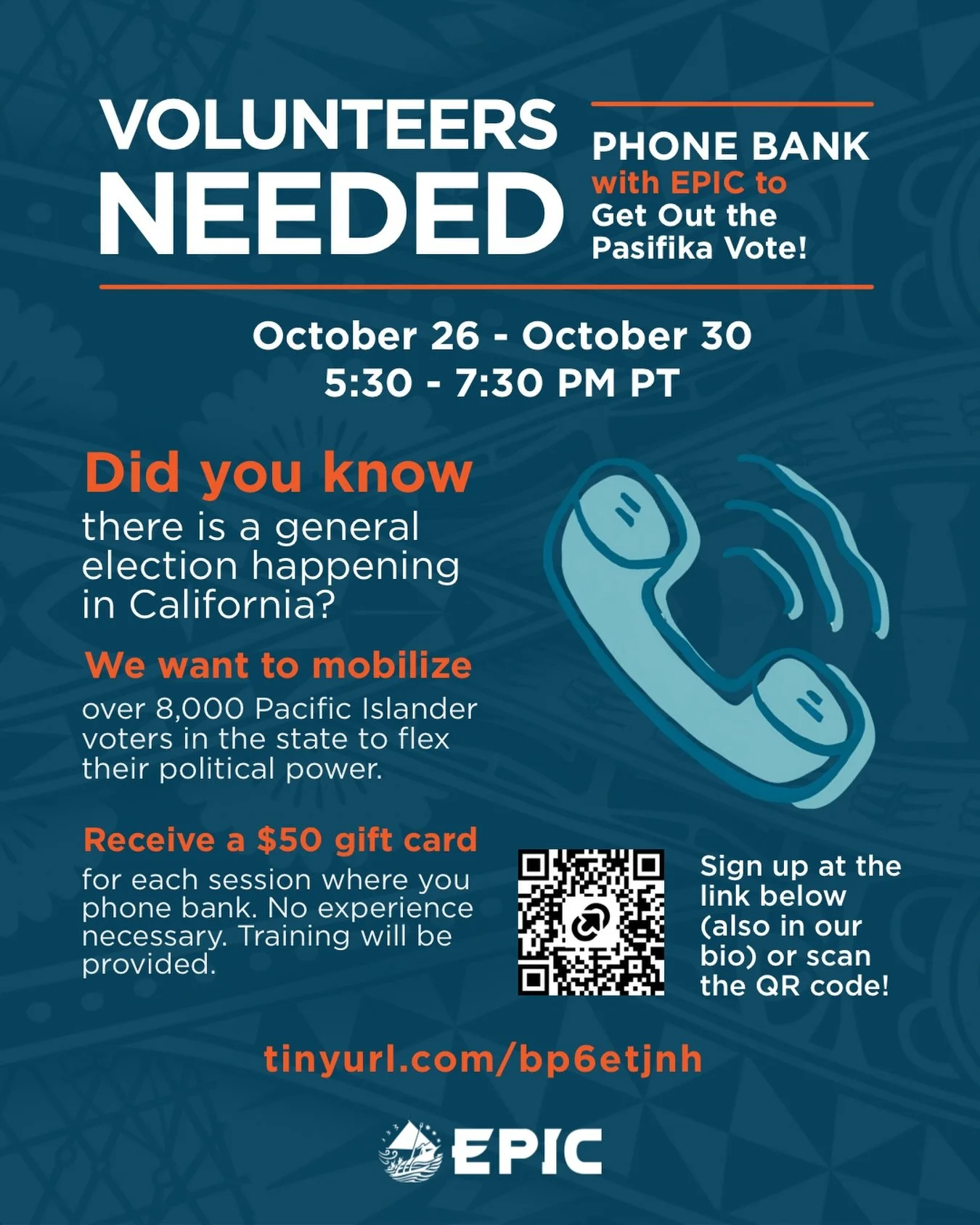 No experience necessary! $50 gift card for each session. 
📞
Help us get the vote out to our Pasifika community this election season in California. Our votes have the power to make a difference! Let&rsquo;s mobilize our community together. 
🗳️
Visit