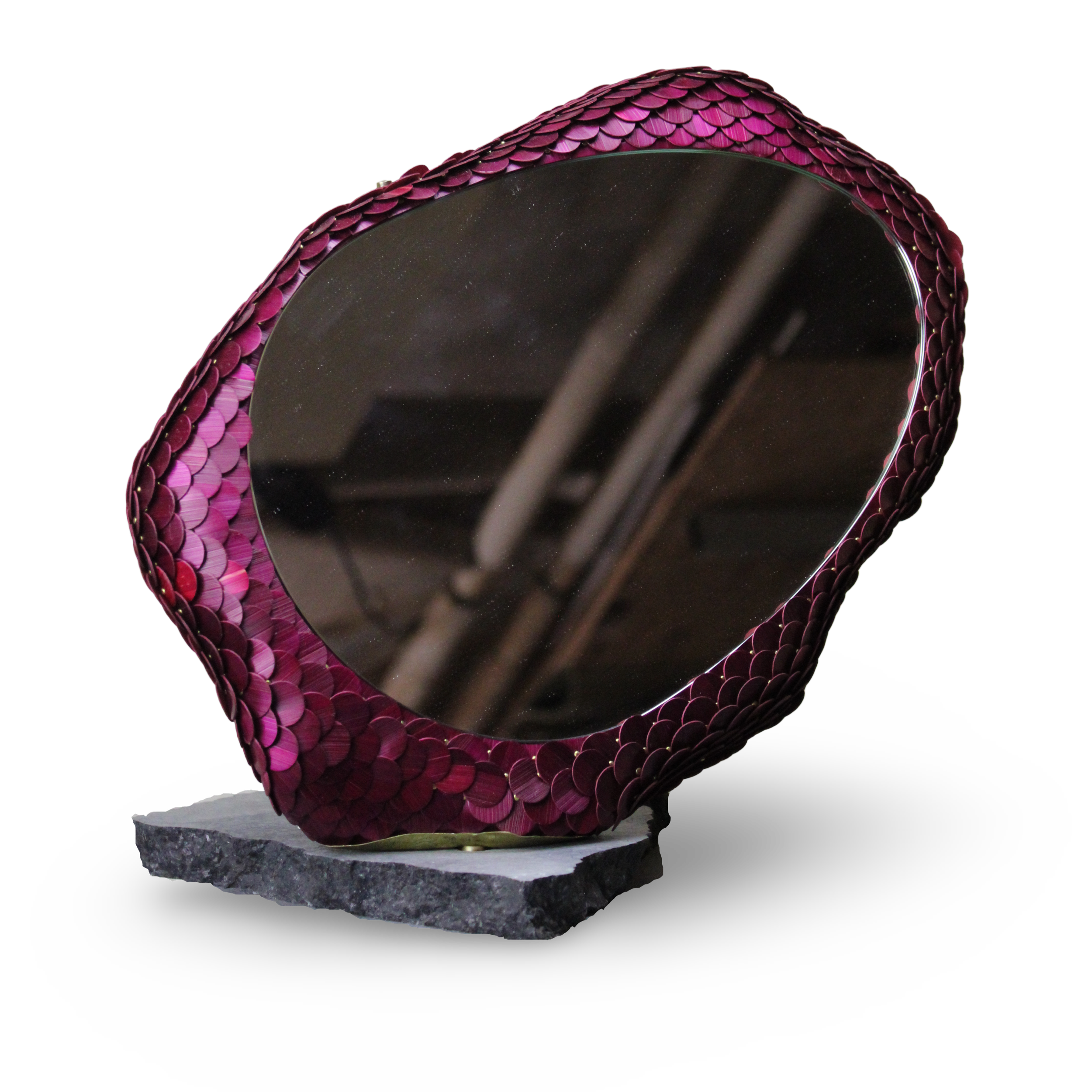 sculptural Table mirror  made of red and natural rye straw , wood and brass rod by Jonathän Jouan