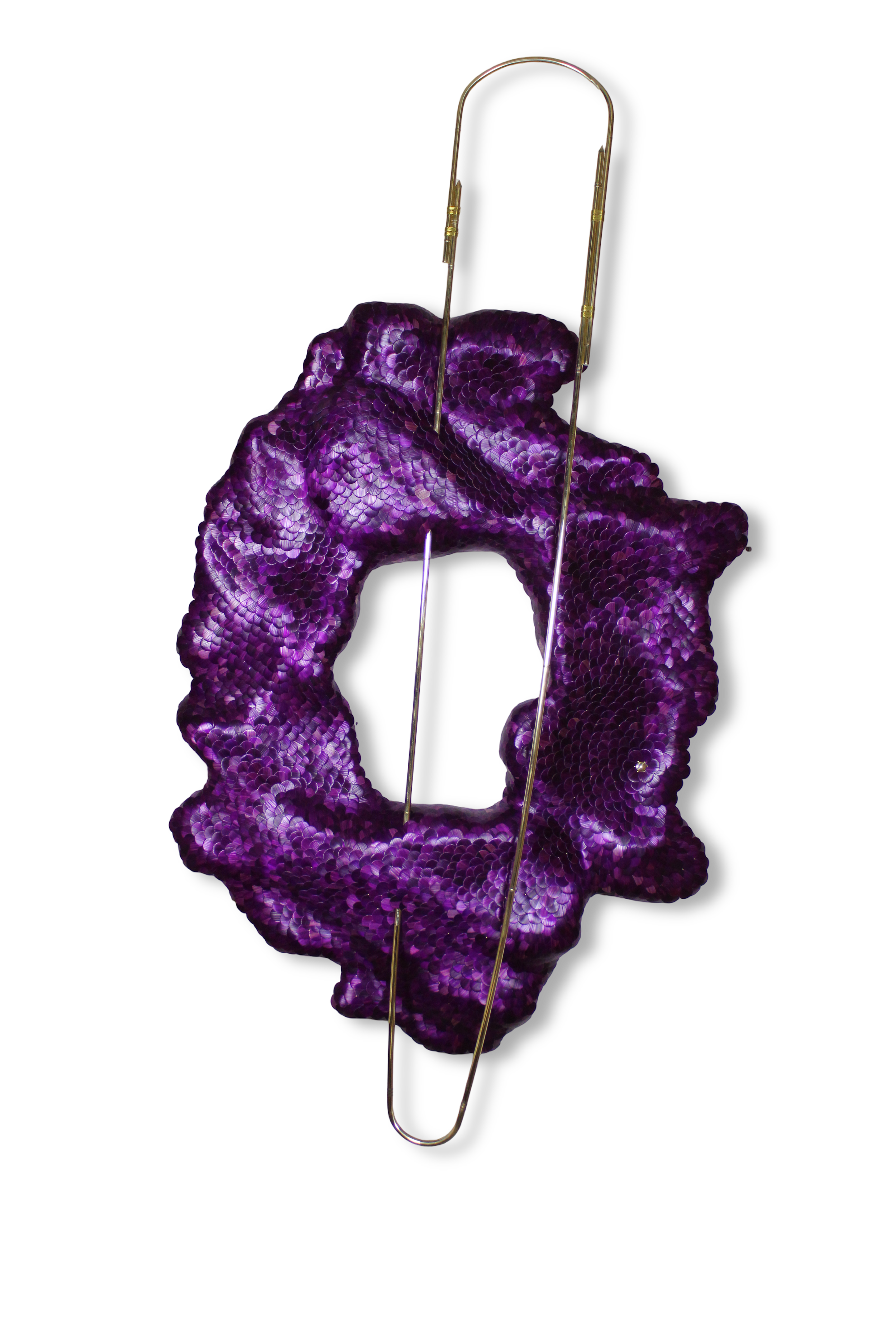 Big purple contemporary art sculpture for walls made of wood, rye straw scales and big brass safety pin. purple colors. Inspired by microorganisms, djinns spirits and civilizational cycles of human society.