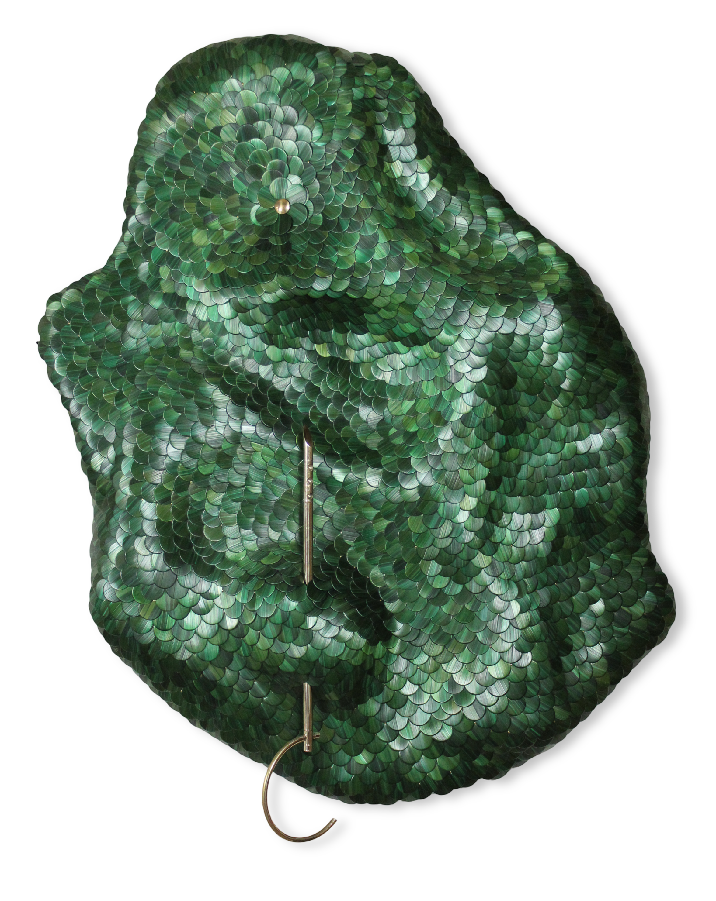 Contemporary art wall sculpture green made of rye straw marquetry, wood and metal. Representation of microorganisms