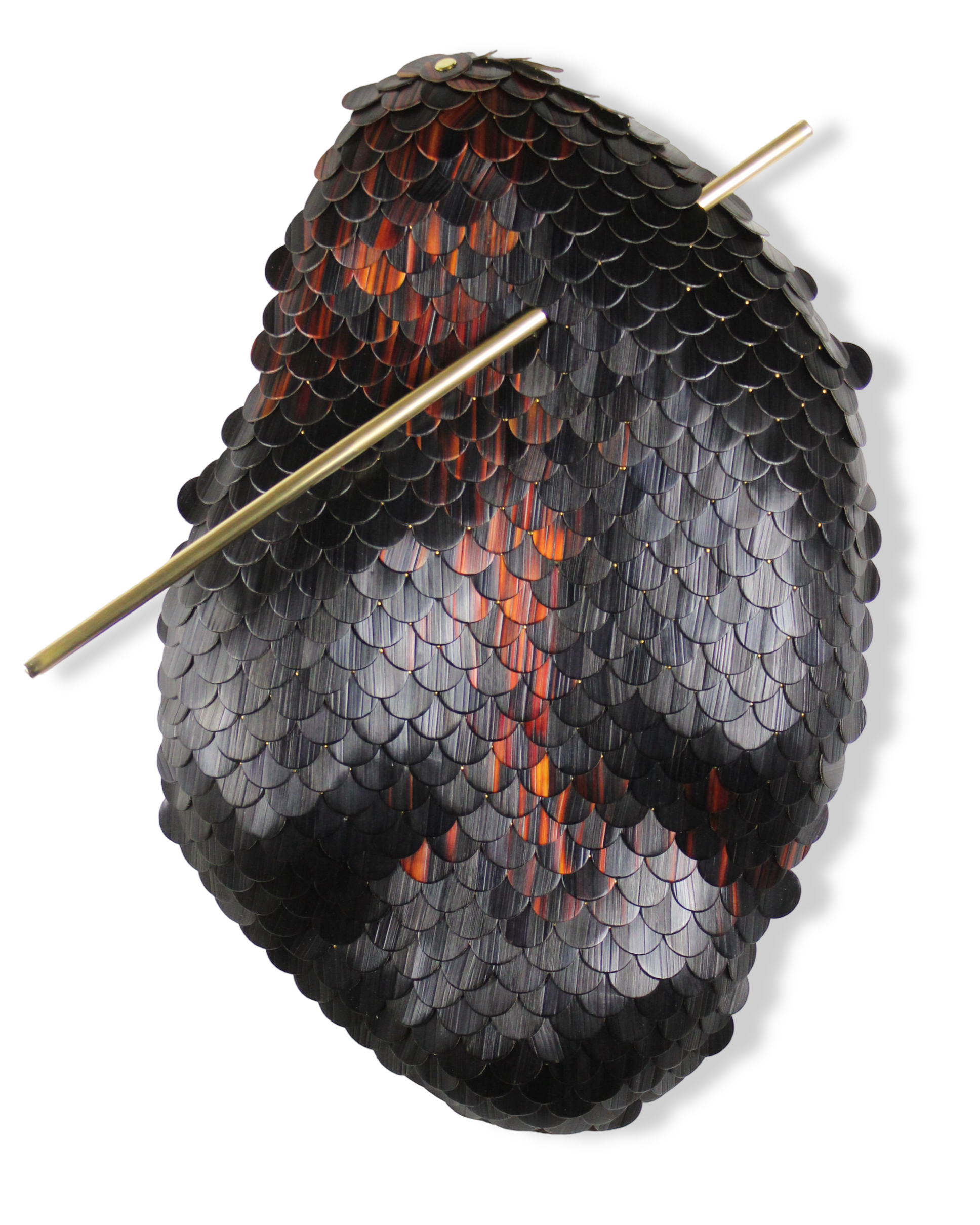 contemporary art sculpture for walls made of wood, brass and rye straw scales with black and fire accent color. Made by Jonathän Jouan