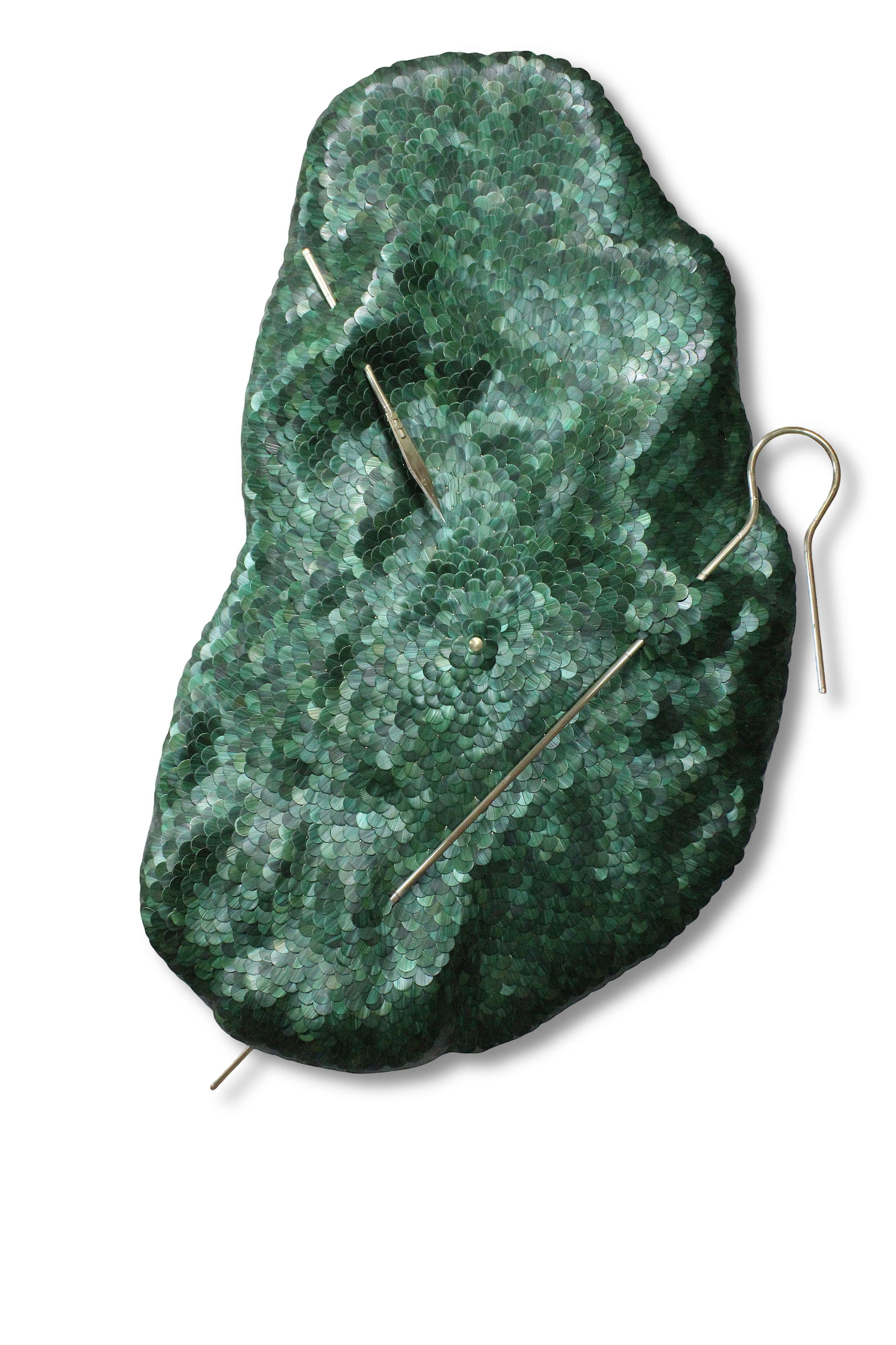 Invisible monster 07 by jonathän jouan studios of the Amoebas Realm collection. Big contemporary art mural sculpture metallic green colors. Made of rye straw scales and brass that pierce it. It have organic shapes and inspired by microorganisms