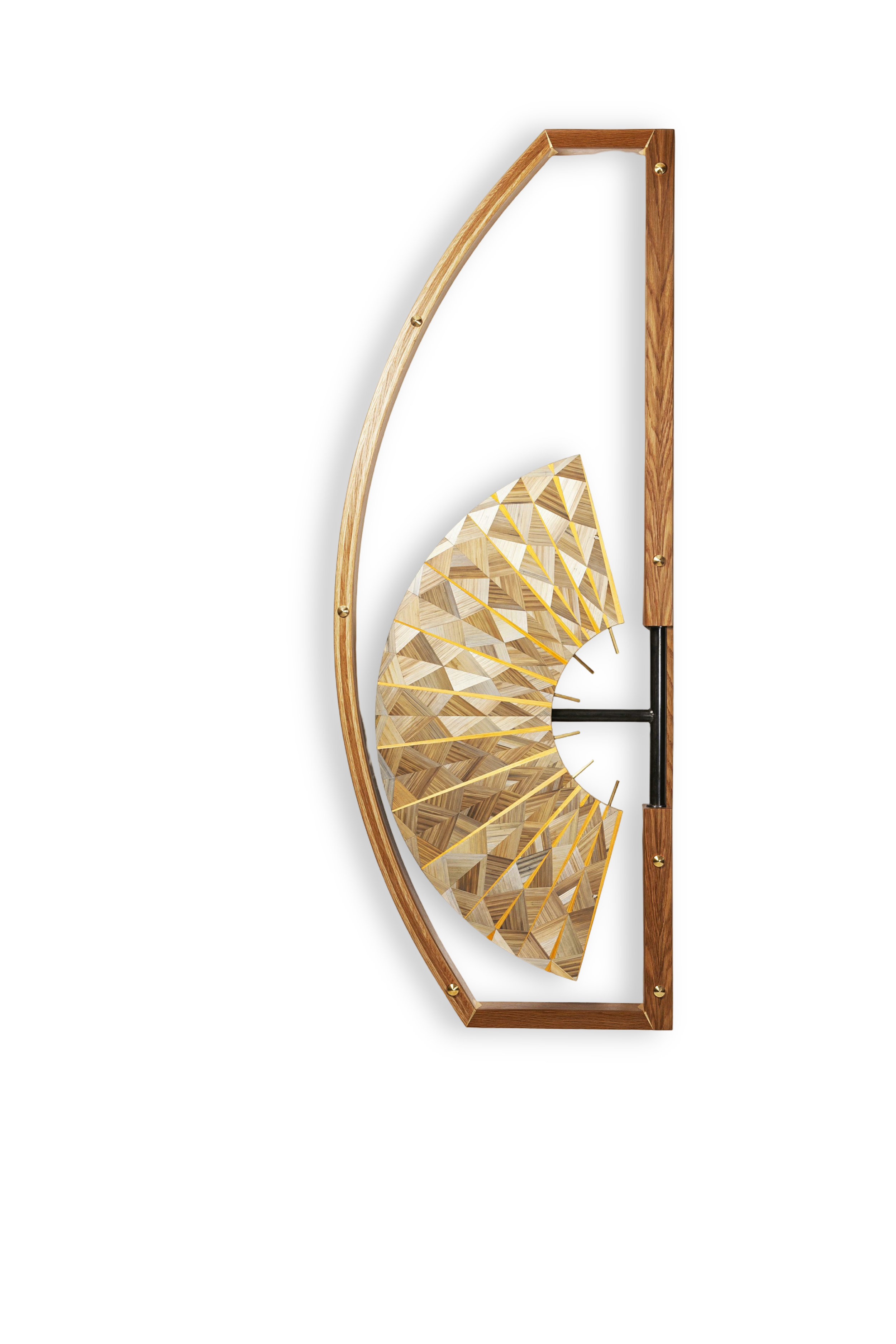 Tengü by Jonathän Jouan studios . artistic and sculptural mural desk with a fan shape top in straw marquetry feather patterns. Inspired by Japanese folkloric Shintoism spirits, the tengu. 