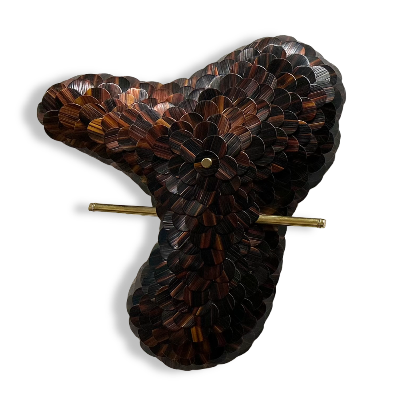 contemporary art mural sculptural piece made of rye straw black and fire accent , wood and brass. Made by Jonathän Jouan Studios. title : invisible monster 09