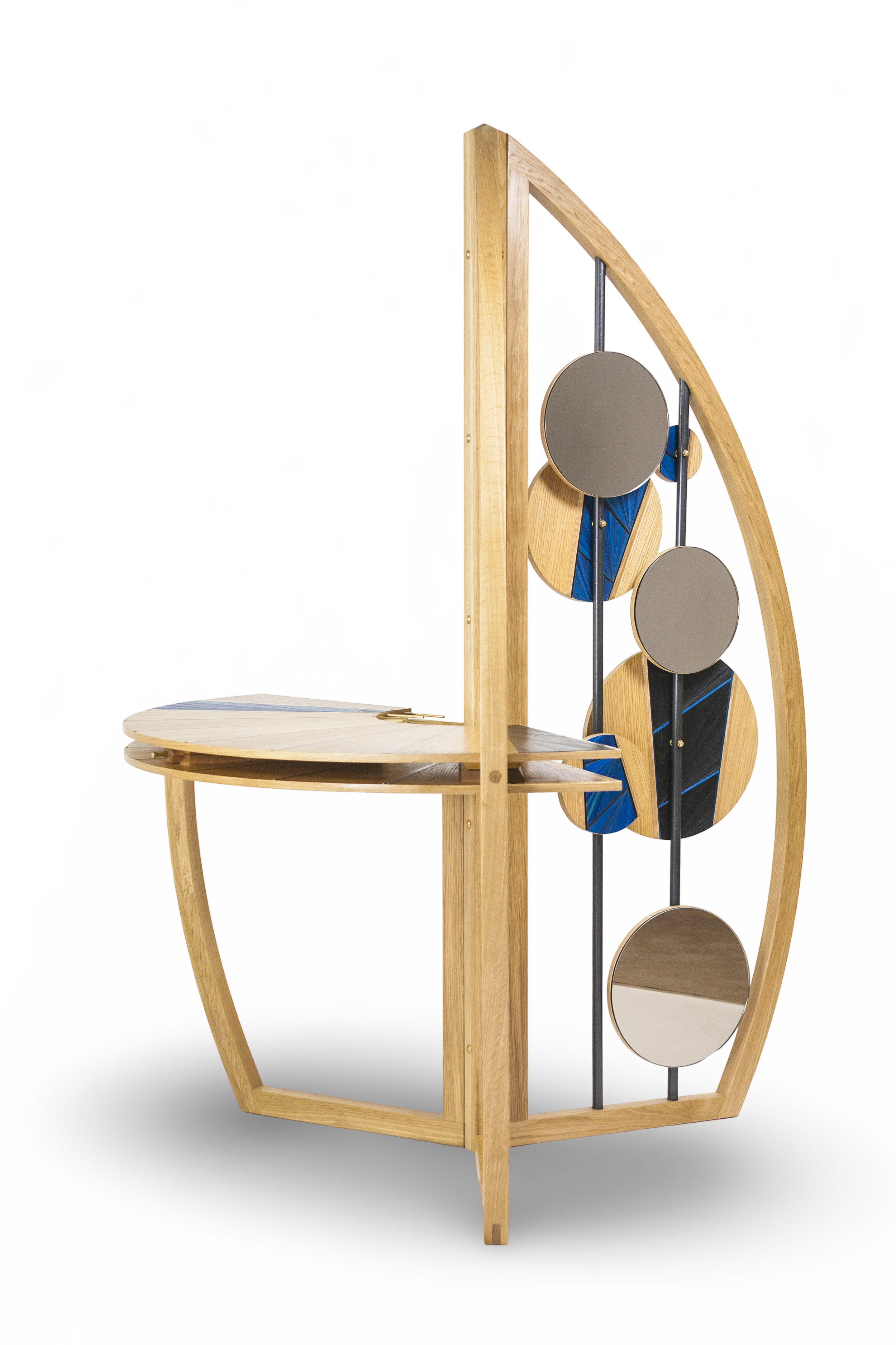 contemporary functional art, kitsu , a room divider and desk is made of bent oak wood and rye straw marquetry. Inspired by japanese mythology of the kitsune, a fox spirit
