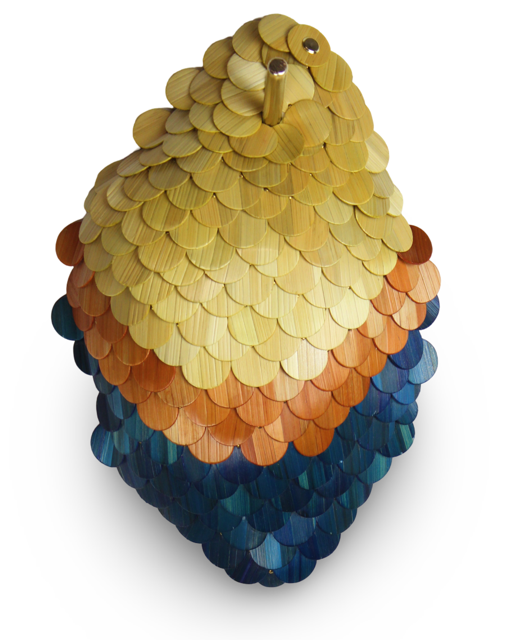 contemporary art sculpture for walls made of wood, brass and rye straw scales with yellow, orange and blue color. Made by Jonathän Jouan