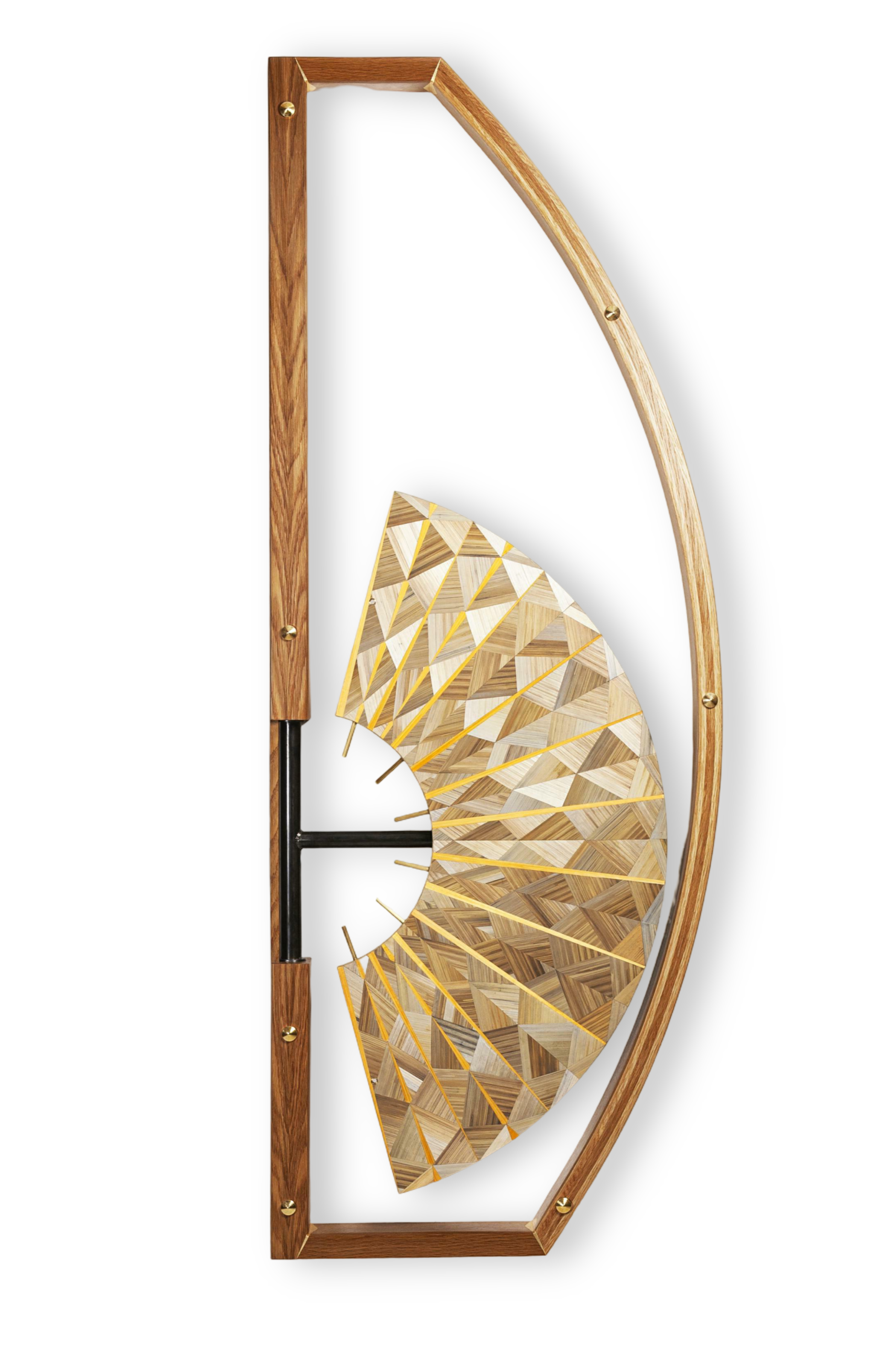 mural desk inspired by japanese mythology. Made of wood , straw marquetry, steel and brass