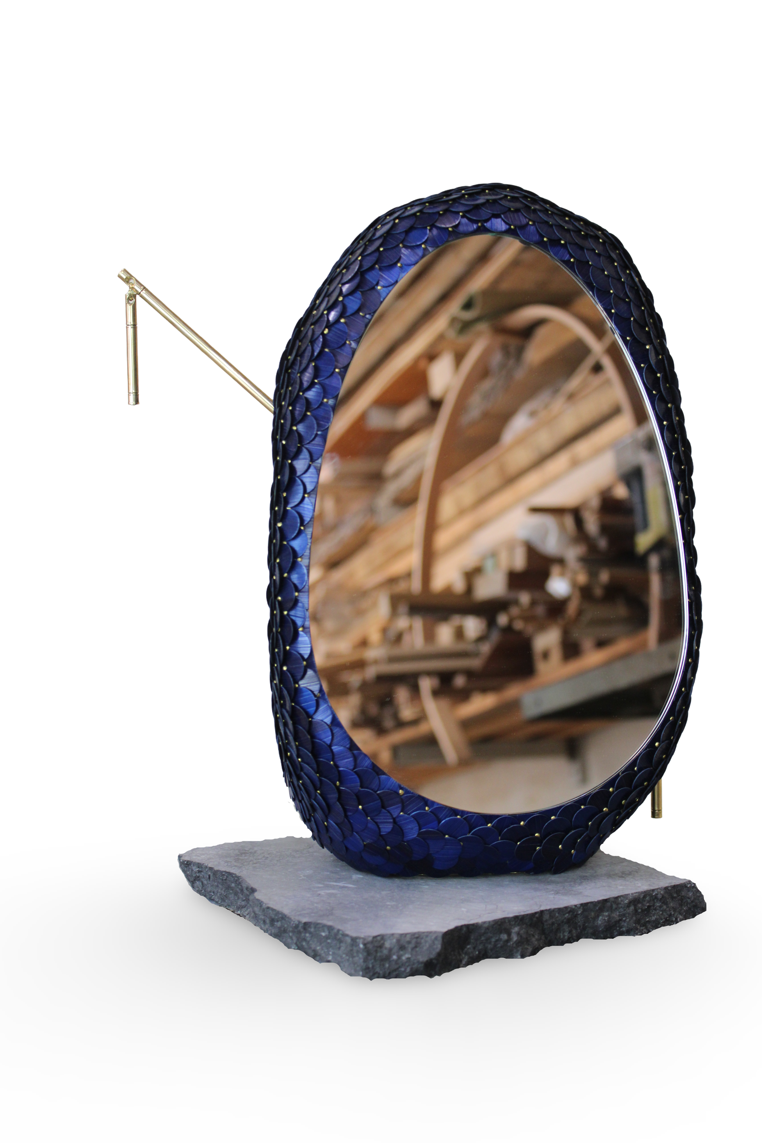 sculptural Table mirror  made of blue and natural rye straw , wood and brass rod by Jonathän Jouan Studios