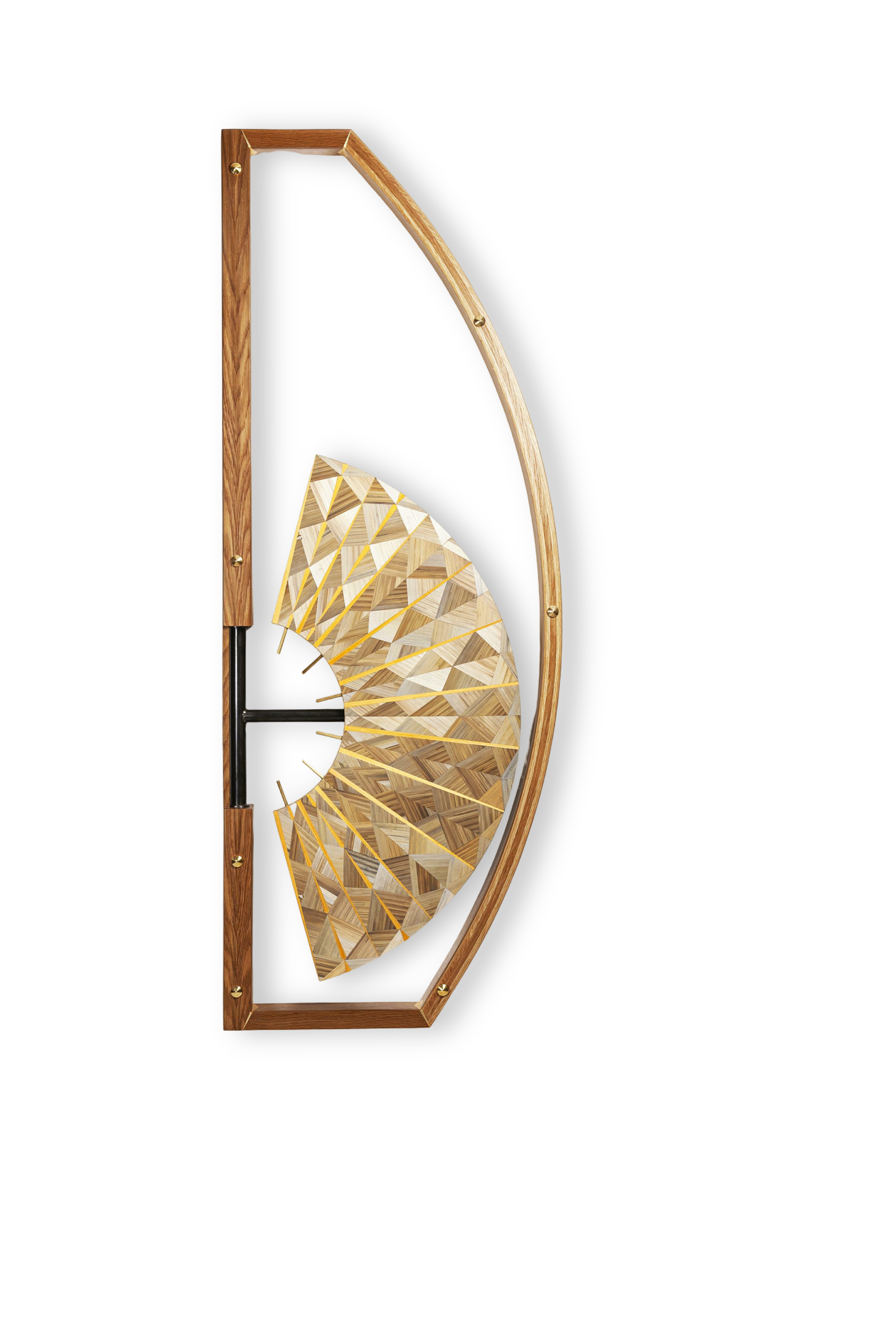 contemporary functional art, Tengu , a foldable mural desk is made of bent oak wood and rye straw marquetry. Inspired by japanese mythology