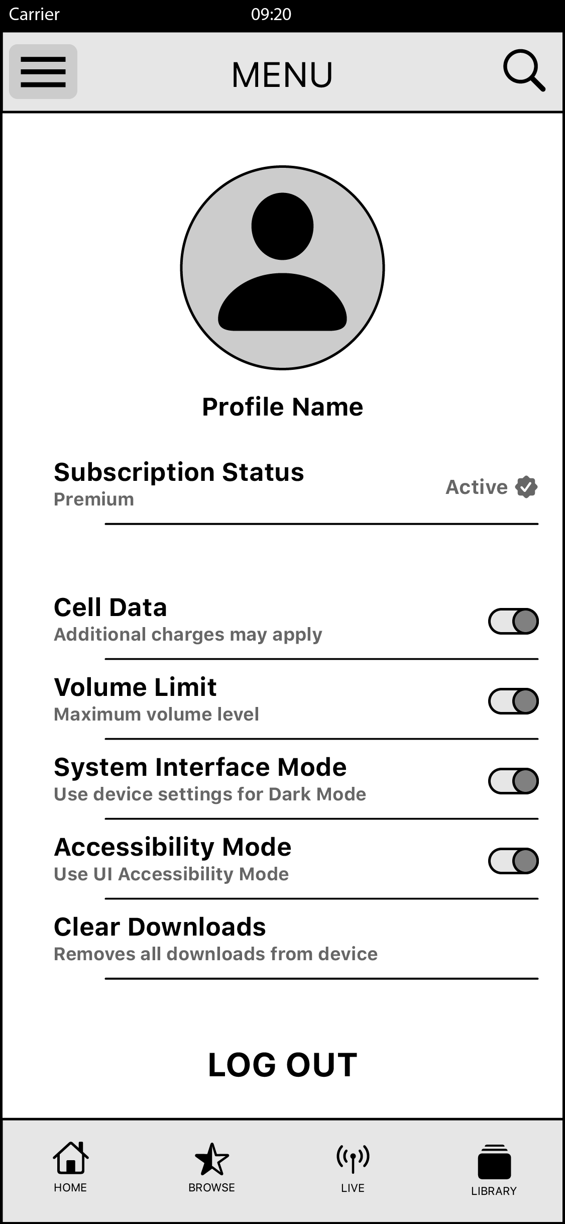 Menu Setting allows the user to see and modify their Subscription, Account and App preferences.