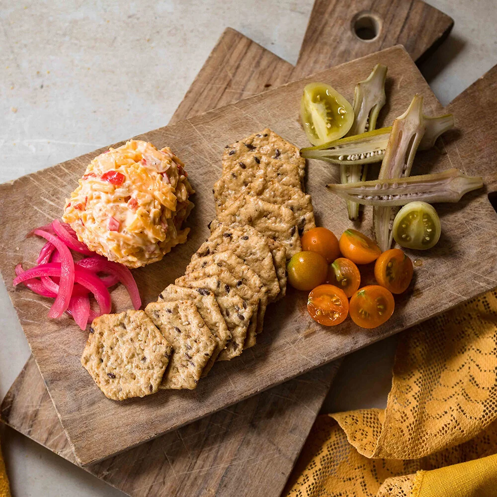Pimento cheese, glutenfree crackers, pickles, fruit preserves — The