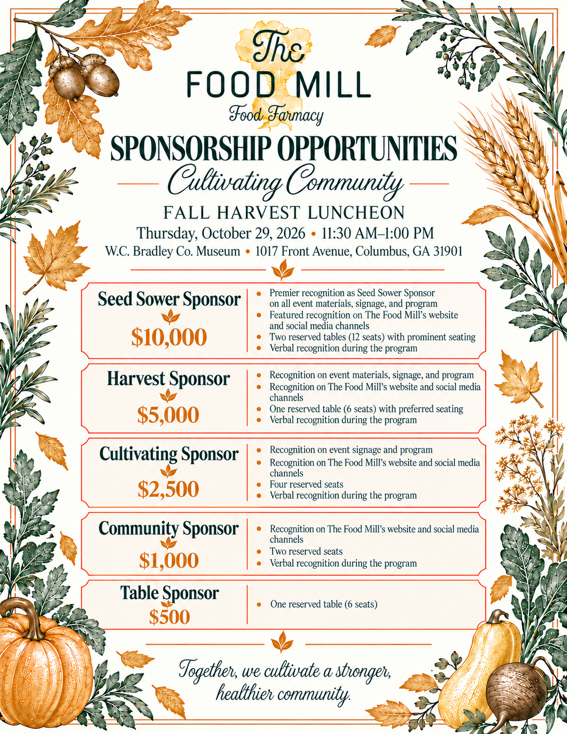 Cultivating Community: Fall Harvest Luncheon 2026 Sponsorships Levels