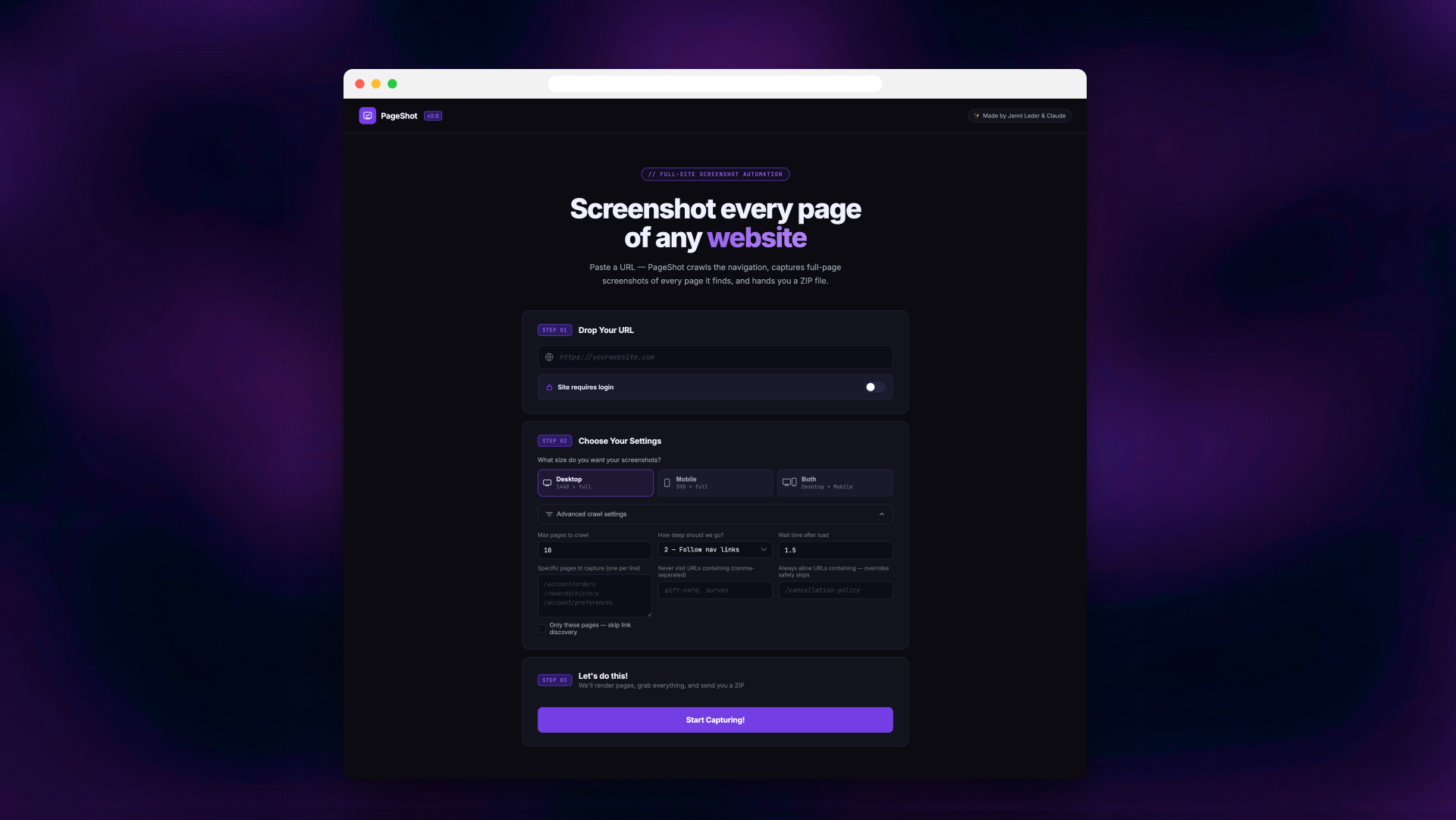 Screenshot of a webpage titled 'Screenshot every page of any website' with instructions to paste a URL and choose settings for capturing full-page screenshots, featuring sections like 'Drop Your URL,' 'Choose Your Settings,' and a purple 'Start Capturing!' button.