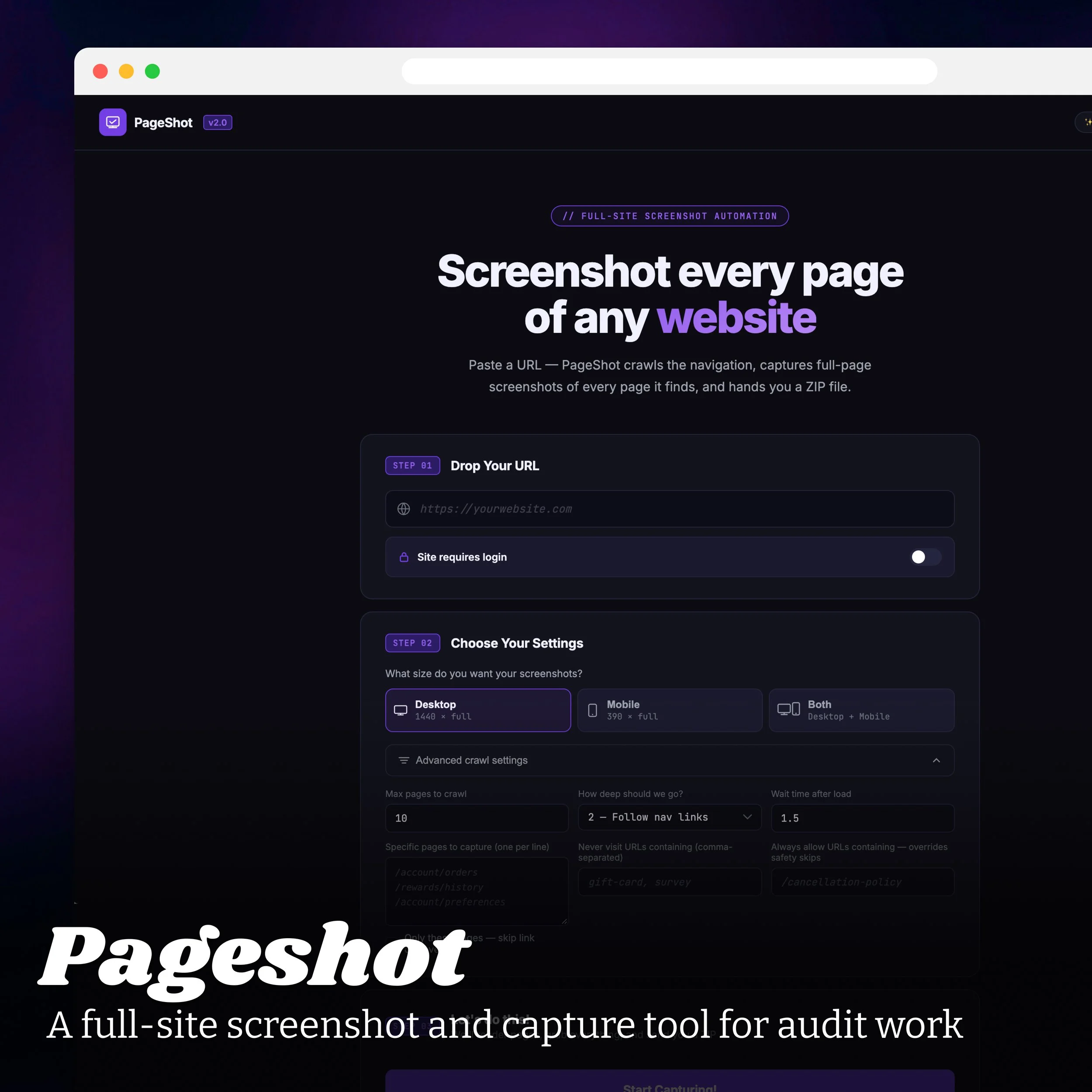 Screenshot of a website called PageShot, a tool for capturing full-site screenshots for audit work. The page features a dark-themed design with purple accents and shows steps for using the tool, including dropping a URL to start capturing.