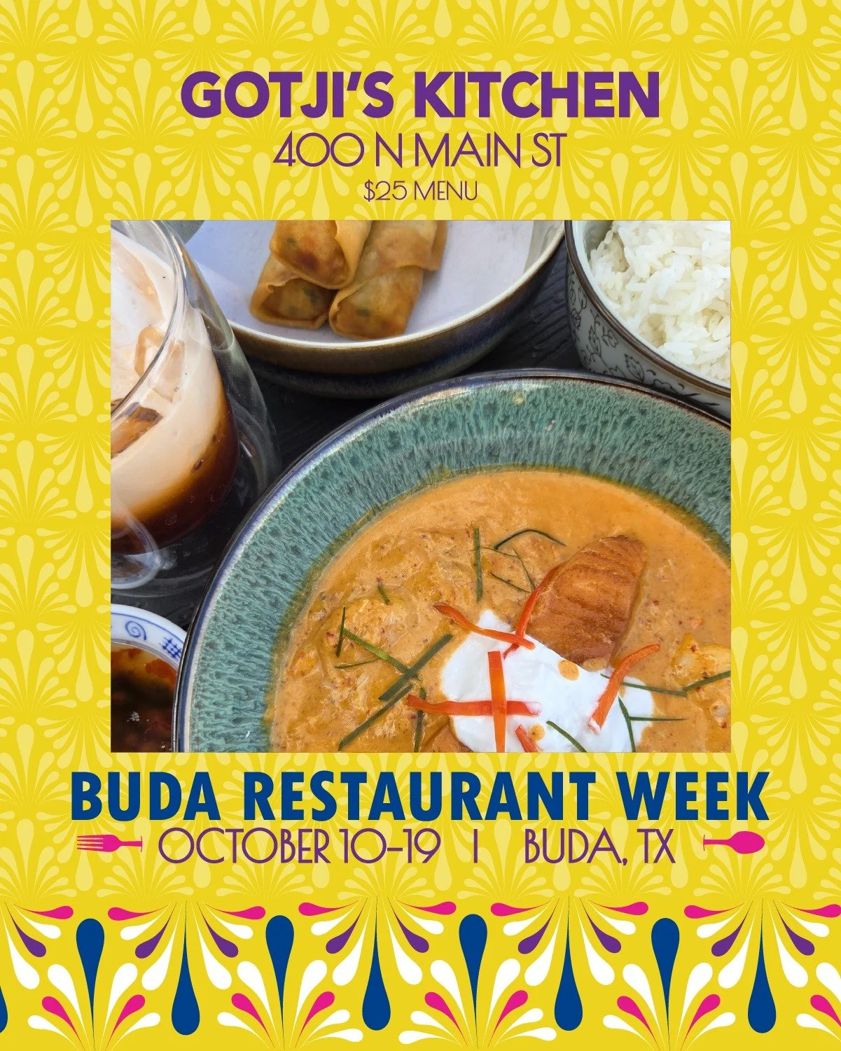 Bring bold Thai flavor to your table during Buda Restaurant Week!

For just $25, enjoy:
🐟 Choo Chee Salmon &mdash; pan-fried salmon steak with shrimp and blue crabmeat in a rich curry sauce with lime leaves and chili, served with jasmine rice
🥢 Veg