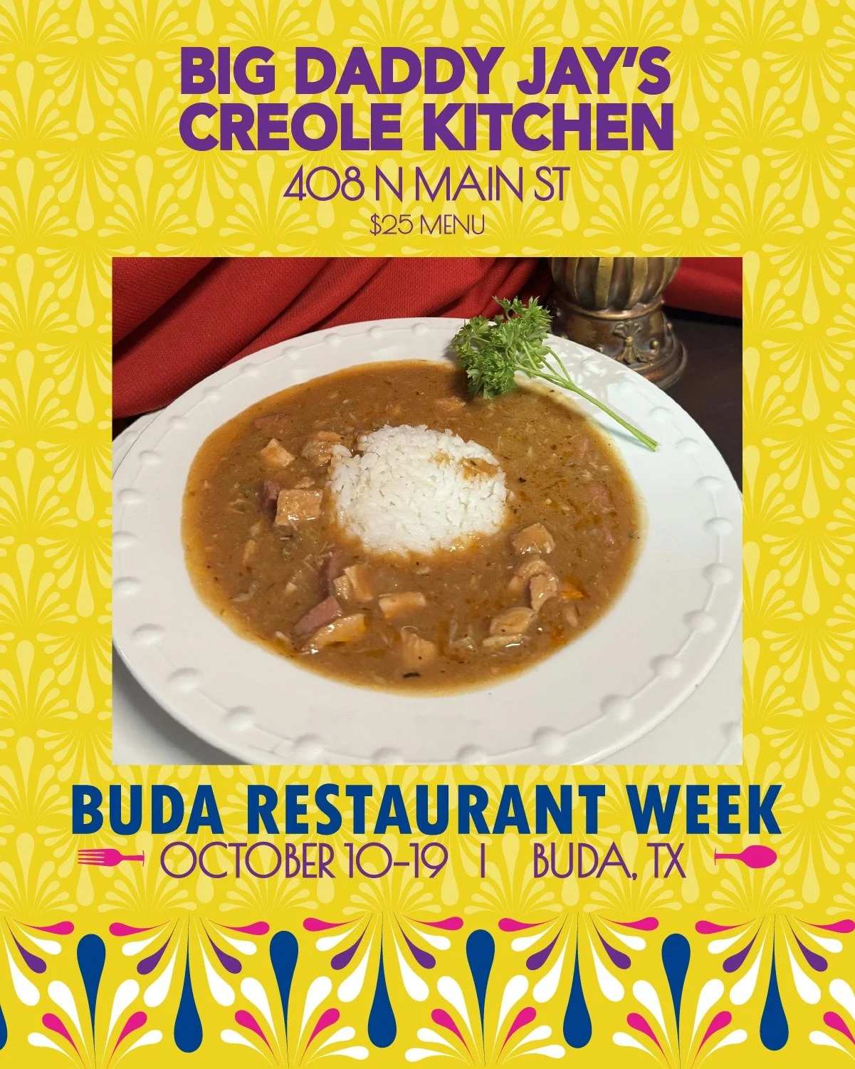 🍤 Buda Restaurant Week 2025 is in full swing, and Big Daddy Jay&rsquo;s Creole Kitchen is serving up a deal you don&rsquo;t want to miss!

For just $25, enjoy:
✅ Two 16 oz entrees&mdash;choose from Shrimp Etouffee, Seafood Gumbo, or Red Beans &amp; 