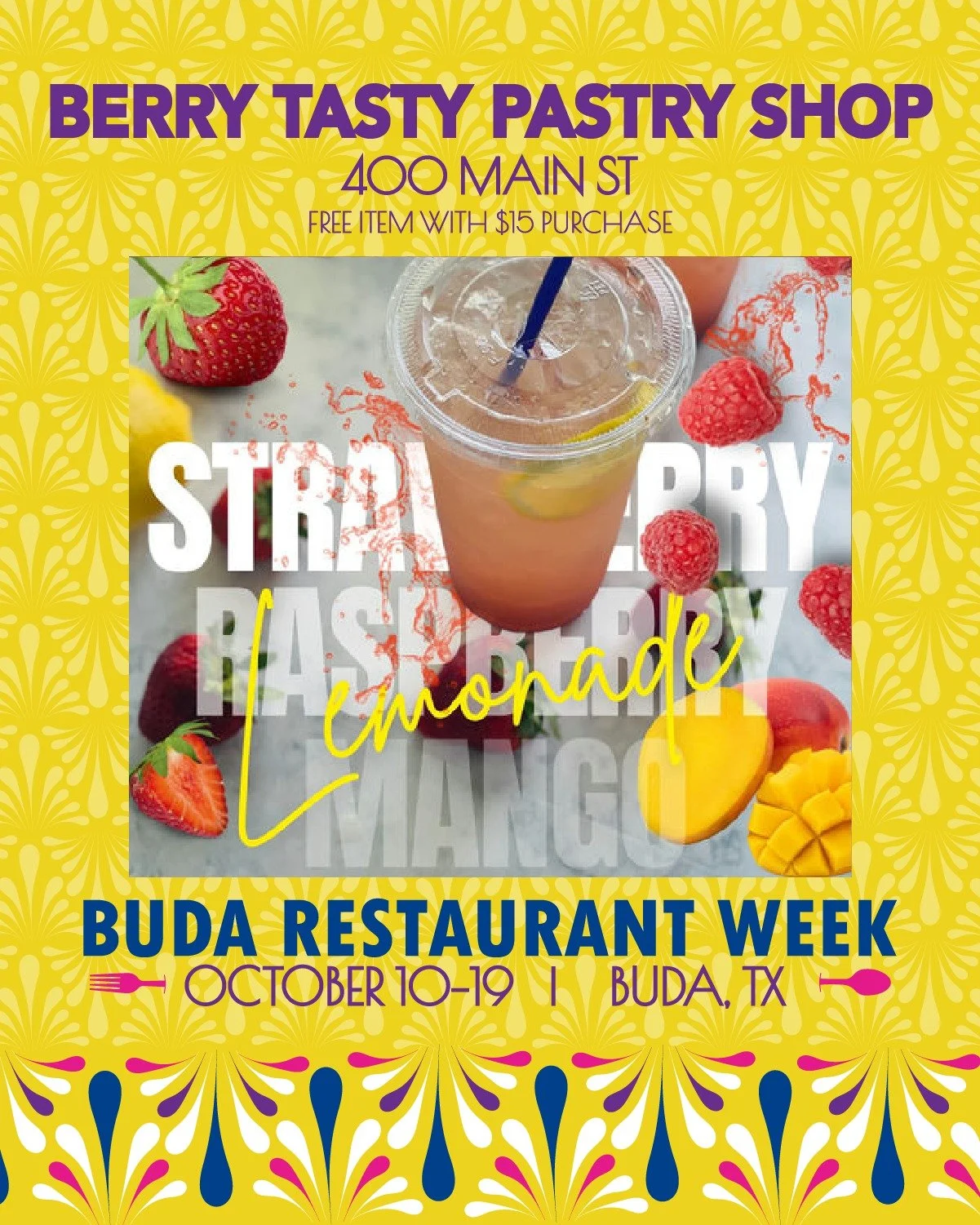 🥤 Last week of Restaurant Week!
Stop by Berry Tasty Pastry Shop and get a FREE 24 oz iced coffee or lemonade with any purchase of $15 or more.
CODEWORD: Berry Tasty
See all Restaurant Week deals and codewords at BudaRestaurantWeek.com