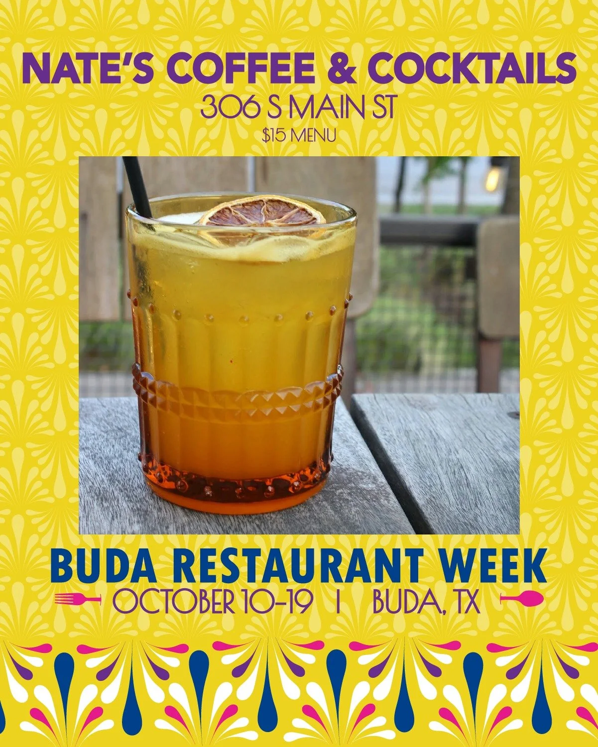 🍹 Last day of Buda Restaurant Week!
Wrap it up with a cocktail from Nate’s — enjoy one of their happy hour cocktails or a draft beer with the codeword Fall Fest.
See all specials and codewords at BudaRestaurantWeek.com