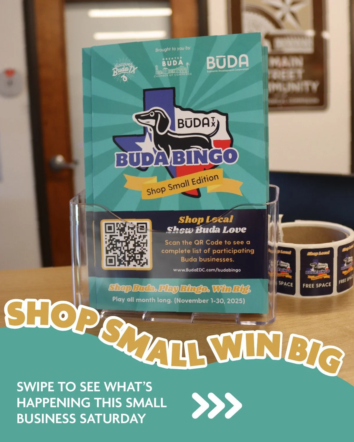 🛍️ One week left to fill your Buda Bingo card &mdash; and it&rsquo;s the perfect time to get those final stickers!

Small Business Saturday is this weekend, and downtown is ready for you. Shop, sip, stroll&hellip; and let the free festive trolley ma