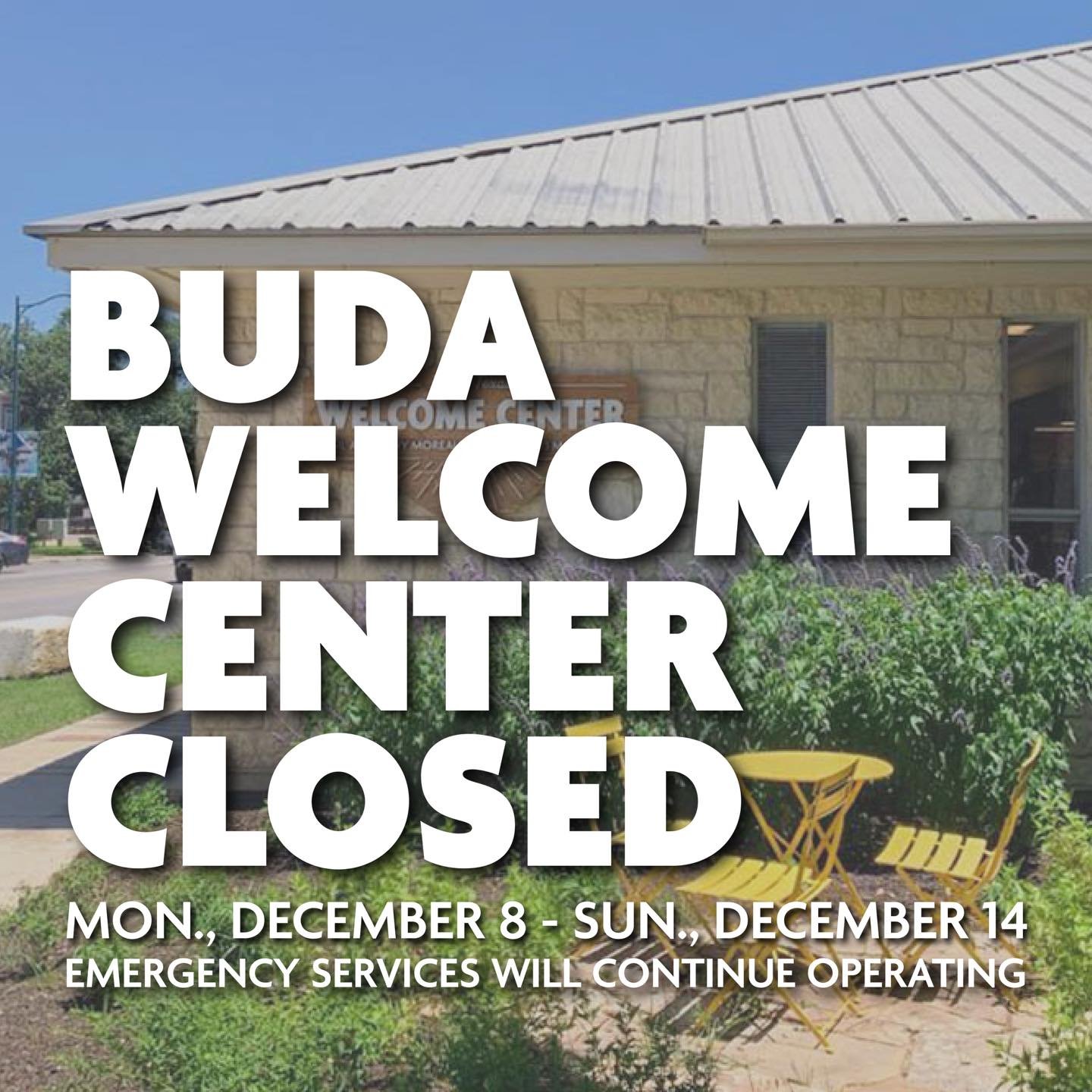 The Buda Welcome Center is closed from Monday, December 8 through Sunday, December 14 to allow staff time to rest and recovery from Budafest. If you need immediate assistance or a place to co-work, please head to Buda City Hall at 405 E Loop St. We l