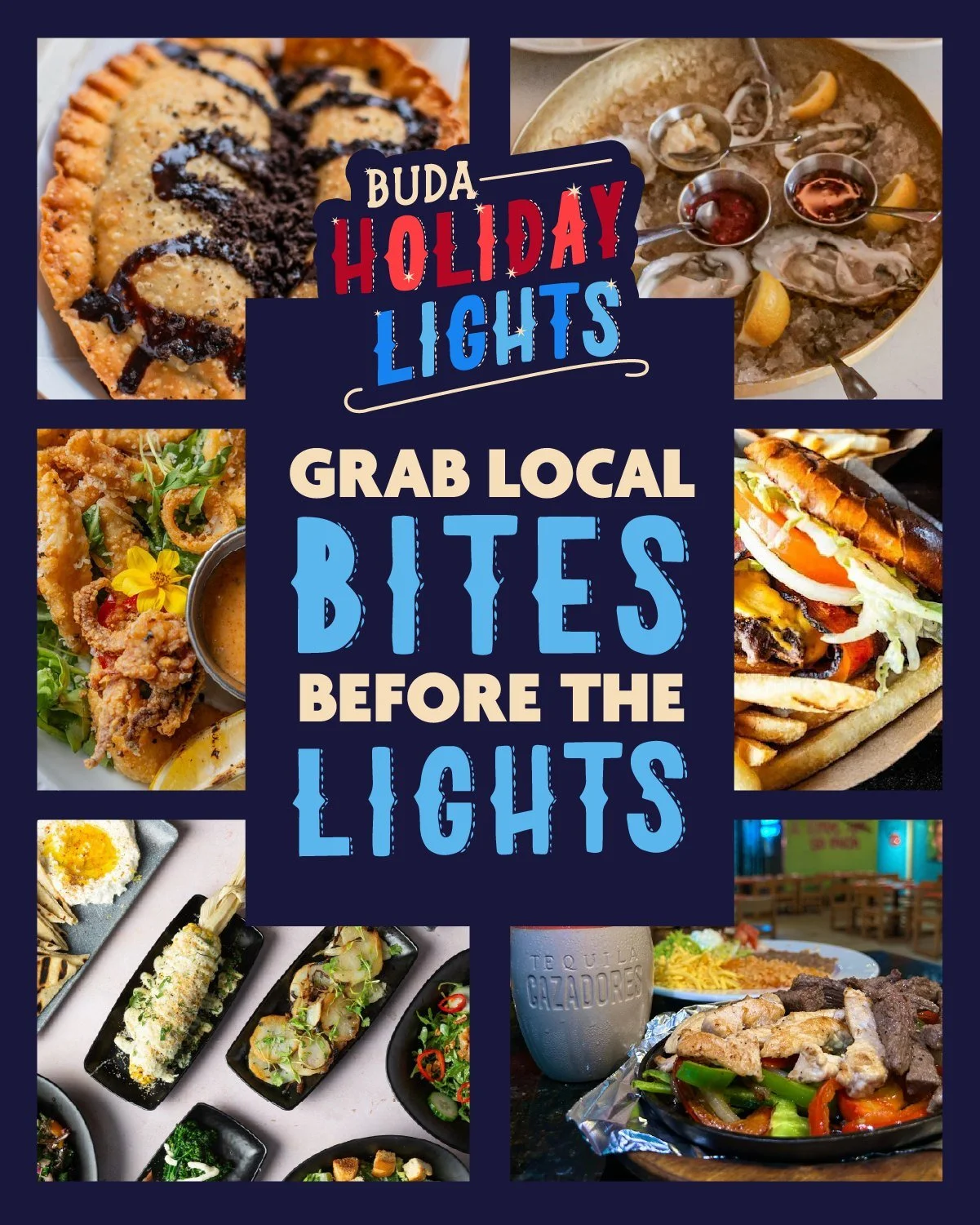 ✨ Buda Holiday Lights opens to the public tonight!
Make an evening of it by grabbing dinner at one of our local spots before you stroll the trail. Each restaurant below is within walking distance &mdash; perfect for a cozy night out in Downtown Buda.