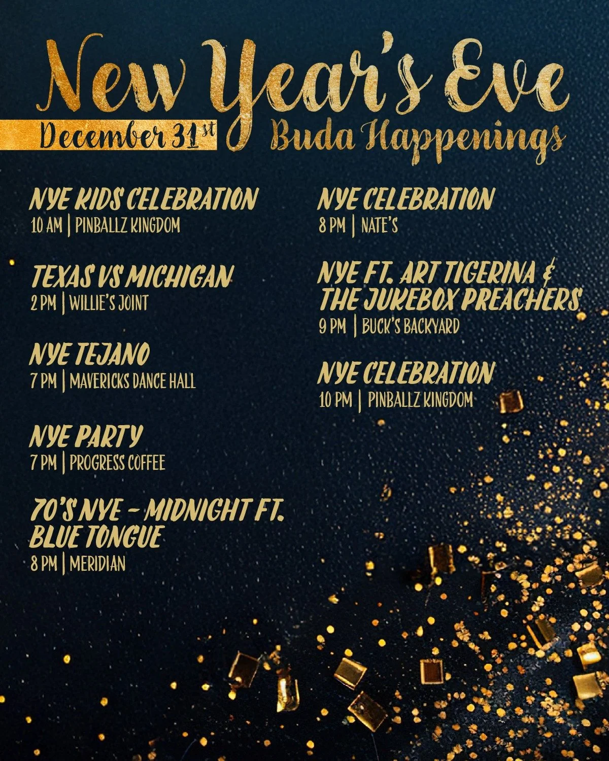 As the year comes to a close, celebrate with the places that make Buda feel like home. Spend New Year&rsquo;s Eve at our local spots and ring in the new year close to home.