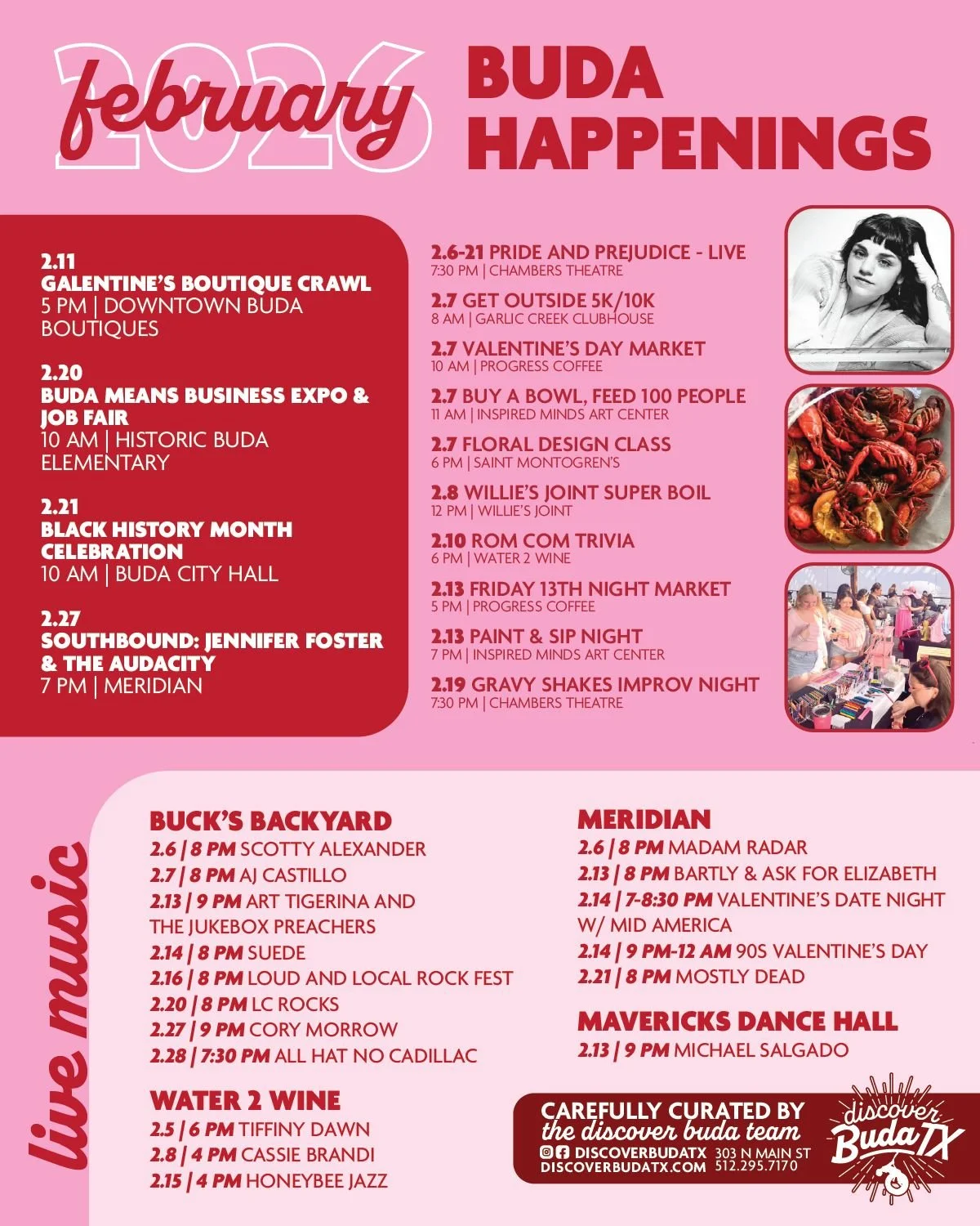 Fall in love with February in Buda 💘

From Valentine&rsquo;s events and live music to local favorites and community happenings, this month is full of reasons to get out and explore.

Take a look at what&rsquo;s coming up and start planning your Febr