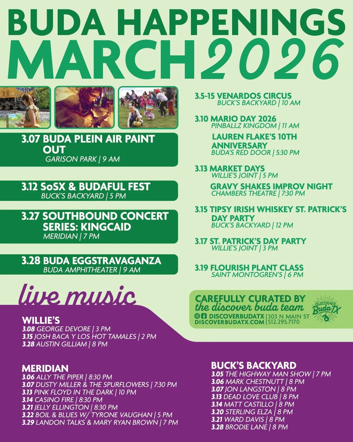 March in Buda is bringing the music. 🎶

From live performances to St. Patrick&rsquo;s Day celebrations, there&rsquo;s plenty happening around town this month. Take a look at what&rsquo;s coming up.