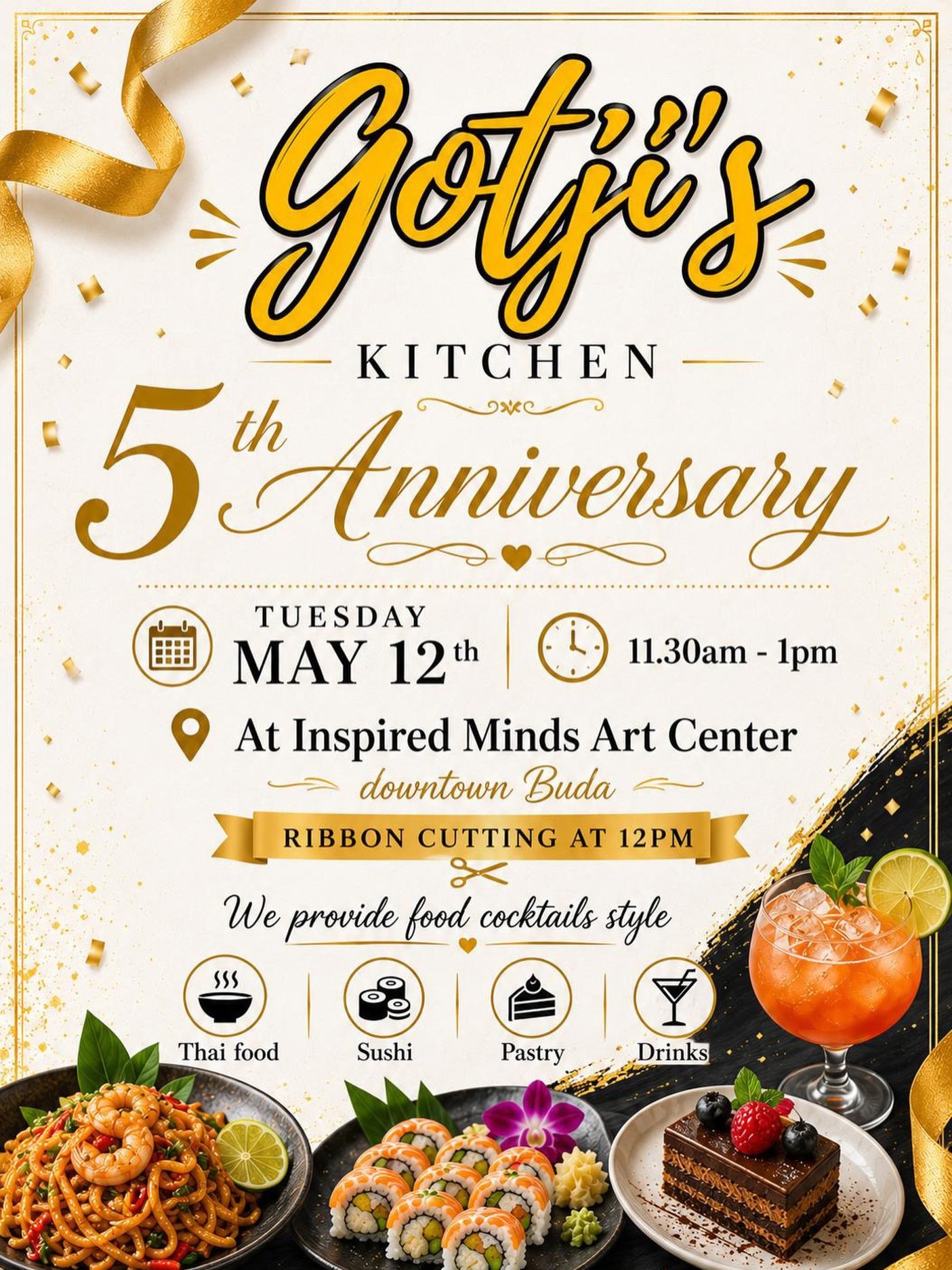 Five years of flavor, family, and community in Downtown Buda 🍜🎉

Join us Tuesday, May 12 from 11:30 AM to 1 PM as we celebrate the 5-year anniversary of Gotji&rsquo;s Kitchen at Inspired Minds Art Center! Come celebrate this Downtown Buda business 
